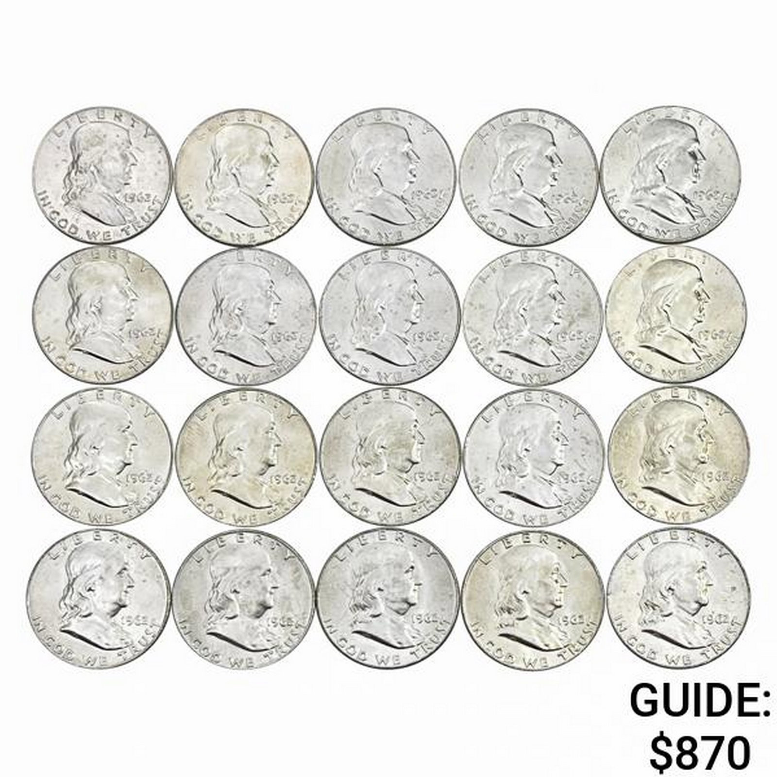 1962-D BU Roll of Franklin Half Dollars [20 Coins]: 1962-D BU Roll of Franklin Half Dollars [20 Coins]