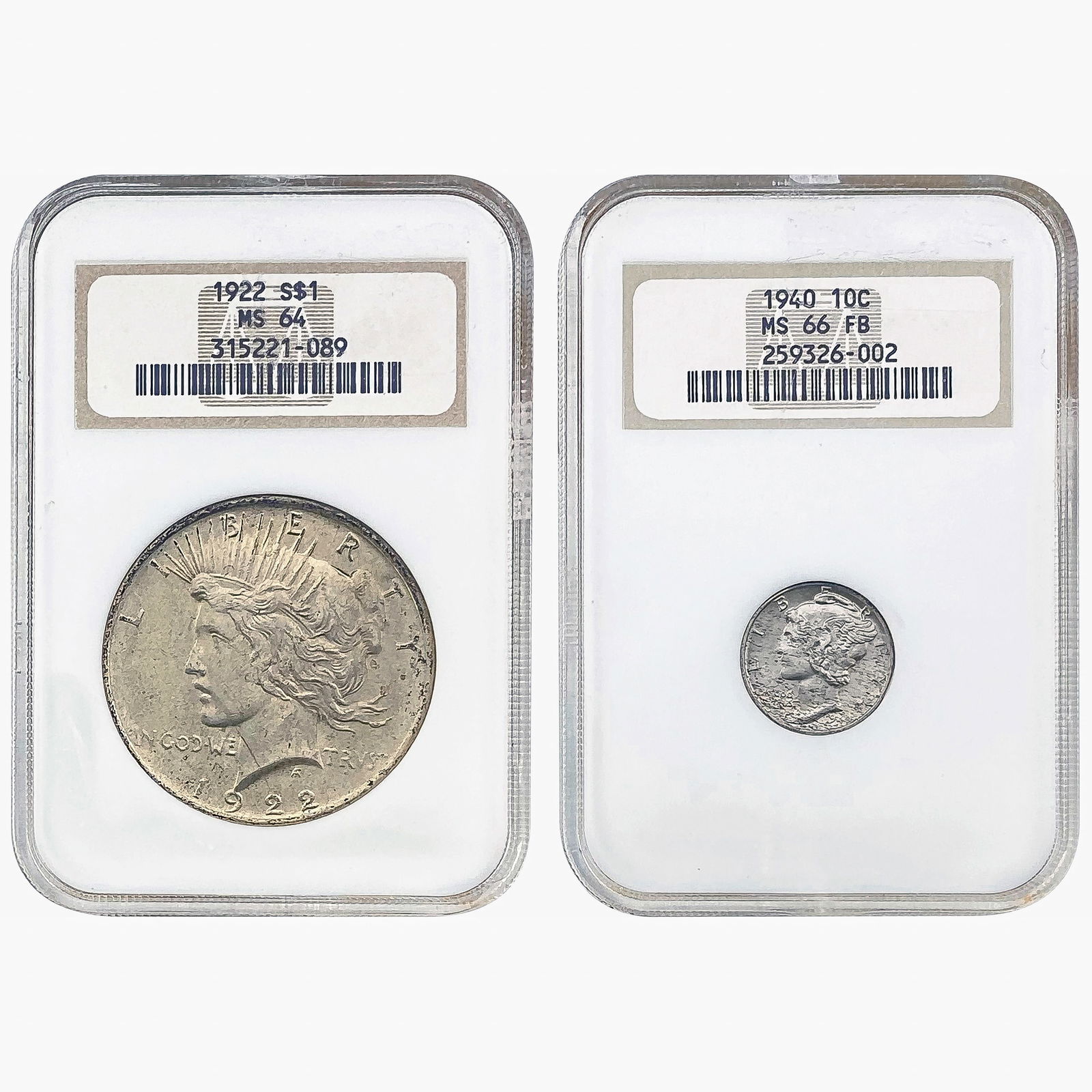 1922, 1940 Peace Dollar and Mercury Dime Lot; Old Holders NGC MS64/66 (1 of 5)