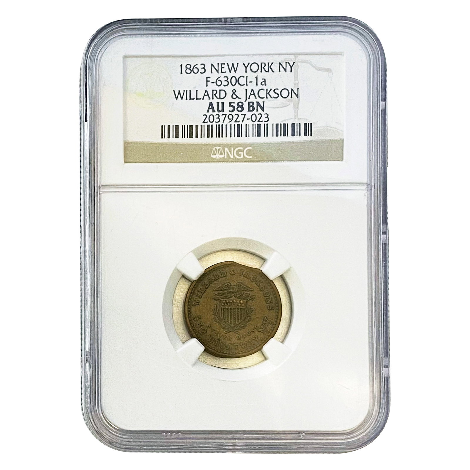 1863 CWT Willard & Jackson NY; F-630CI-1a NGC AU58: 1863 CWT Willard & Jackson NY; F-630CI-1a NGC AU58