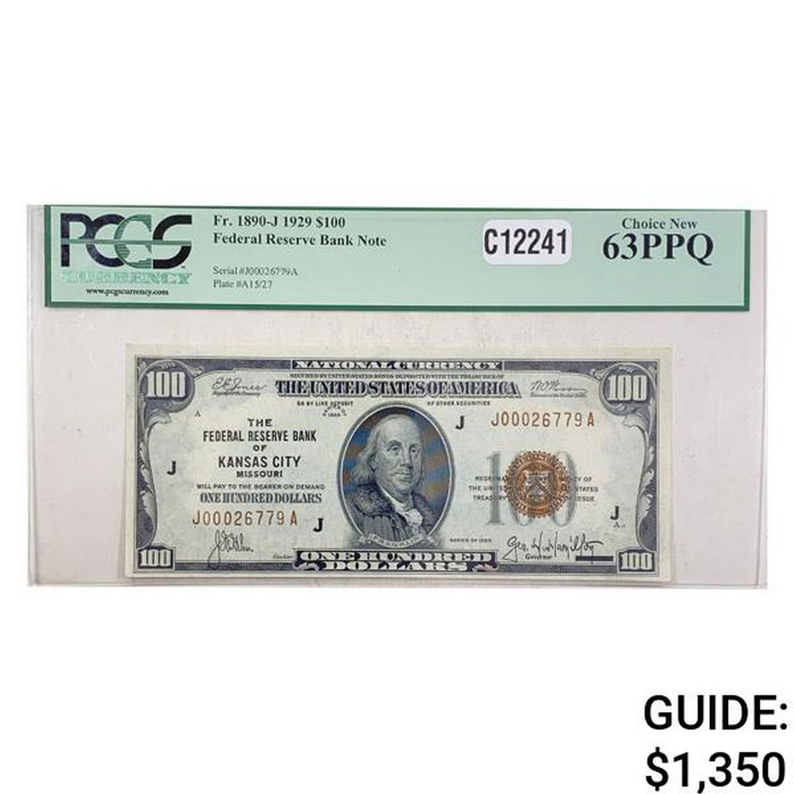 1929 $100 FRBN KANSAS CITY, MO PCGS UNC-63PPQ (1 of 2)