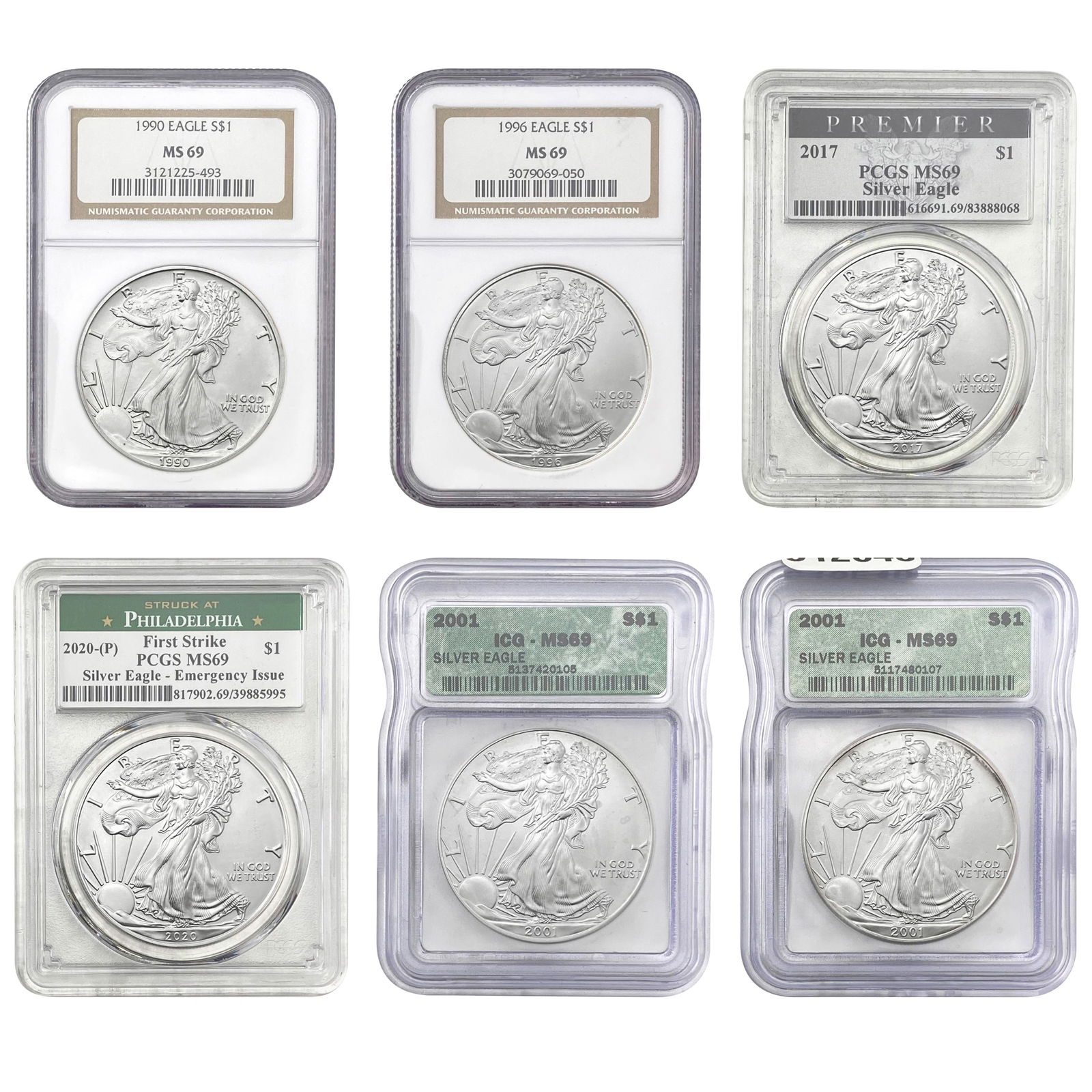 1990-2020 GEM BU American Silver Eagle Lot [6 Coins] NGC/PCGS/ICG MS69 (1 of 13)