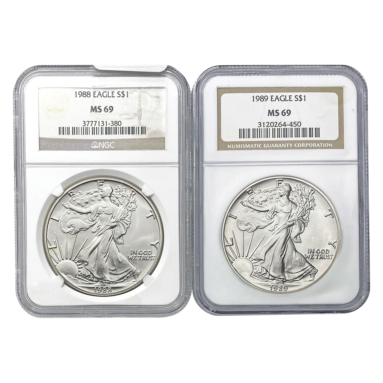 1988/1989 Eagles $1 NGC MS69 [2 Coins] (1 of 2)