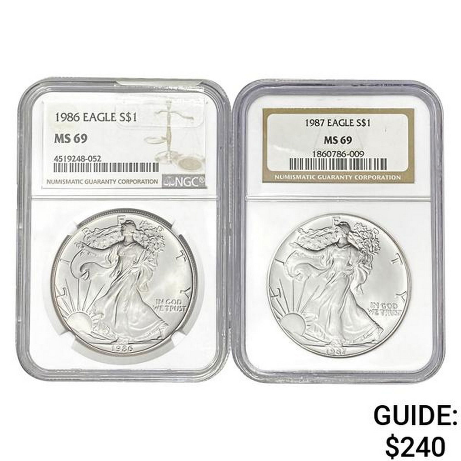 1986 / 1987 American Silver Eagle NGC MS69 [2 Coins] (1 of 2)