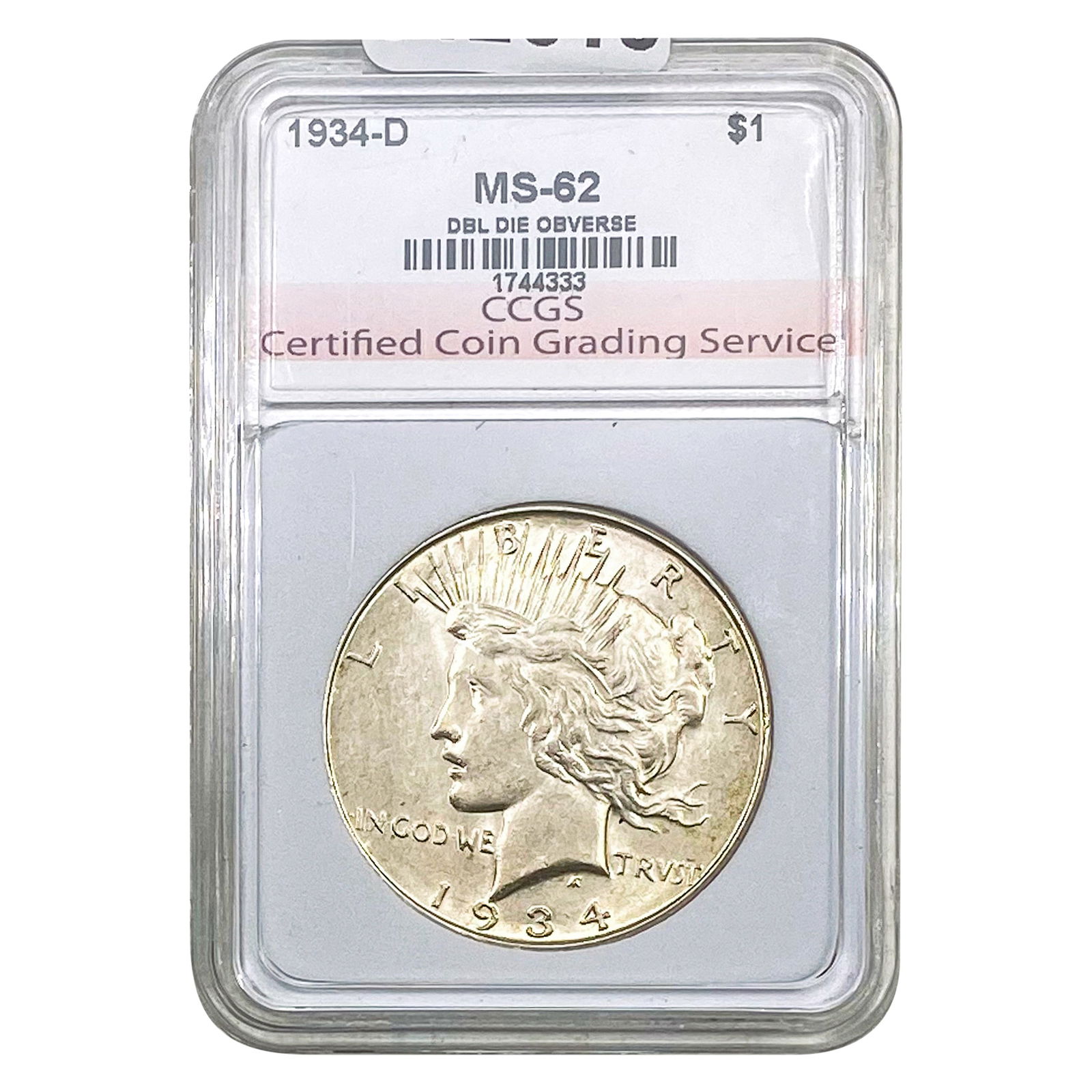 1934-D Silver Peace Dollar CCGS MS62 DDO (1 of 2)