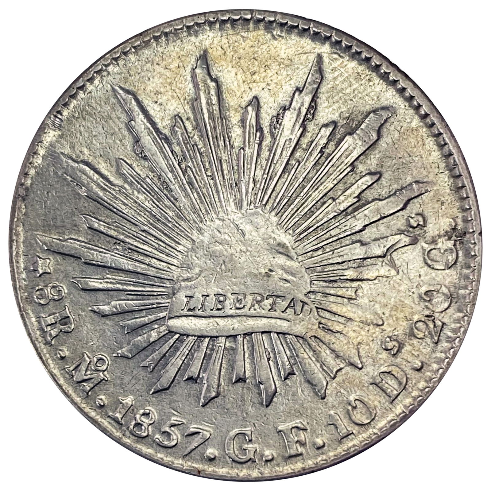 1857Mo GF Mexico Silver 8 Reales CLOSELY UNCIRCULATED (1 of 2)