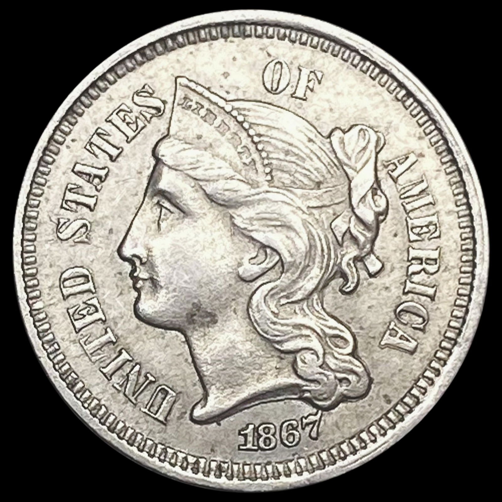 1867 Three-Cent Nickel NEARLY UNCIRCULATED (1 of 2)