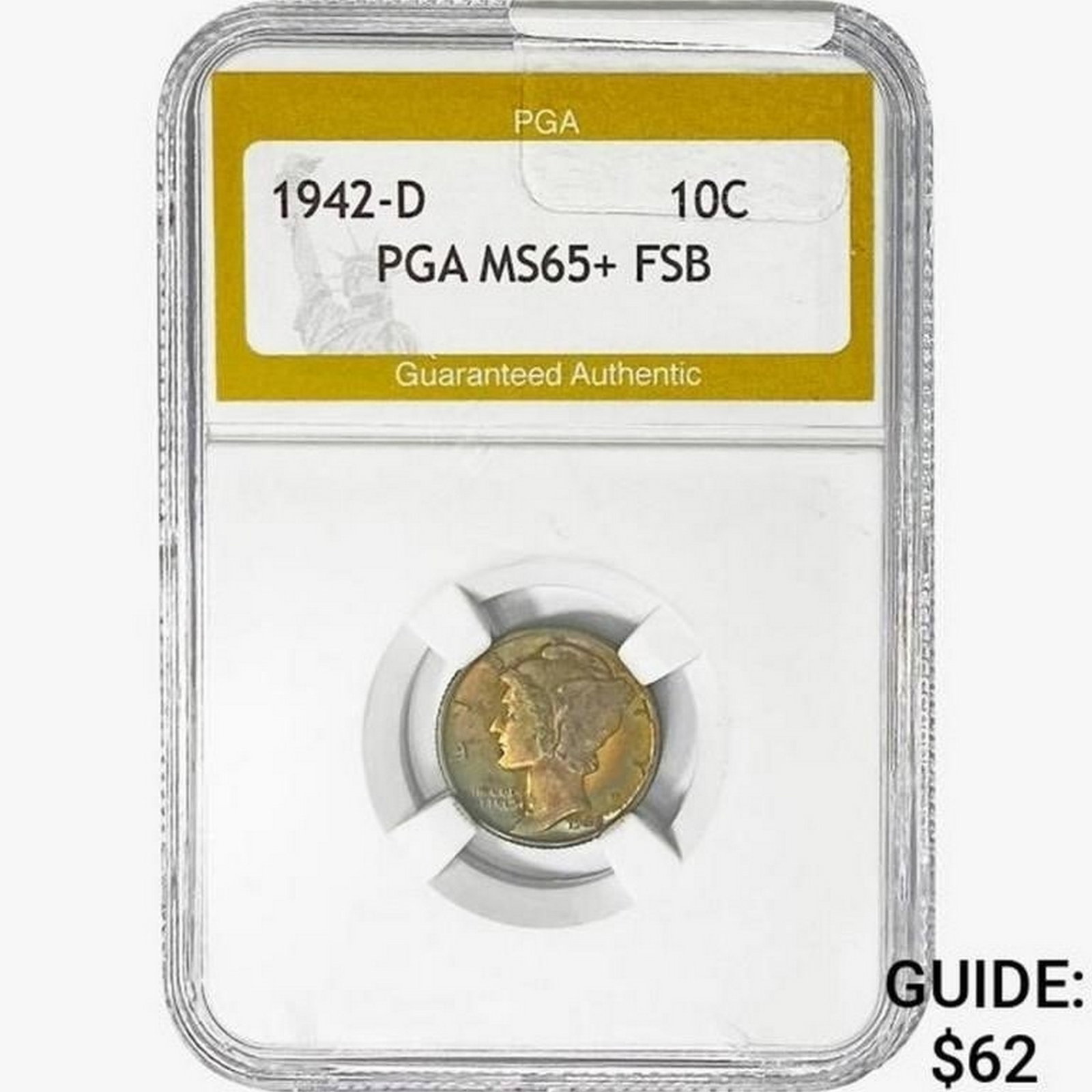 1942-D Mercury Silver Dime PGA MS65+ FSB: 1942-D Mercury Silver Dime PGA MS65+ FSB