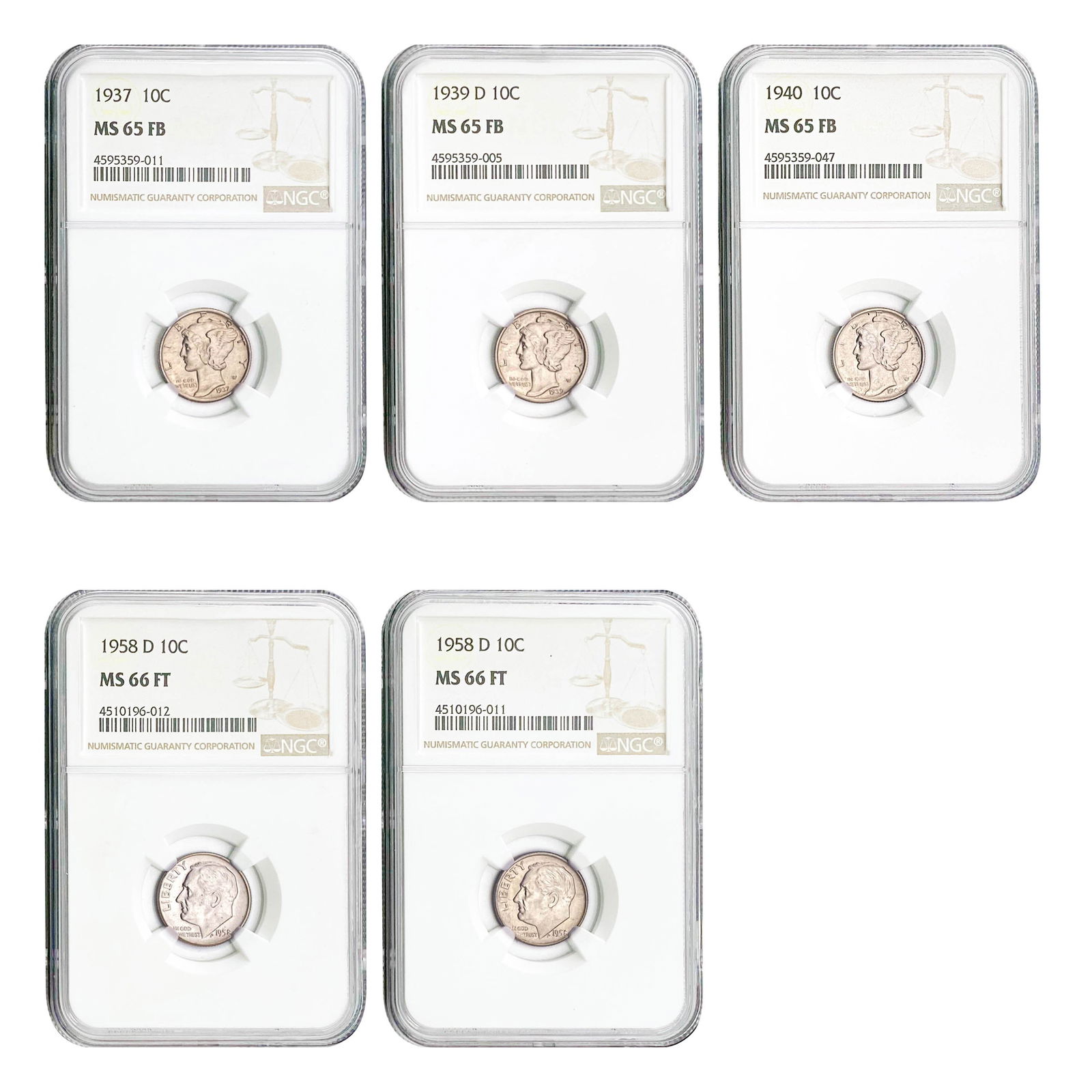 1937-1958 GEM BU US Silver Dime Lot [5 Coins] NGC MS65-66 FSB (1 of 2)