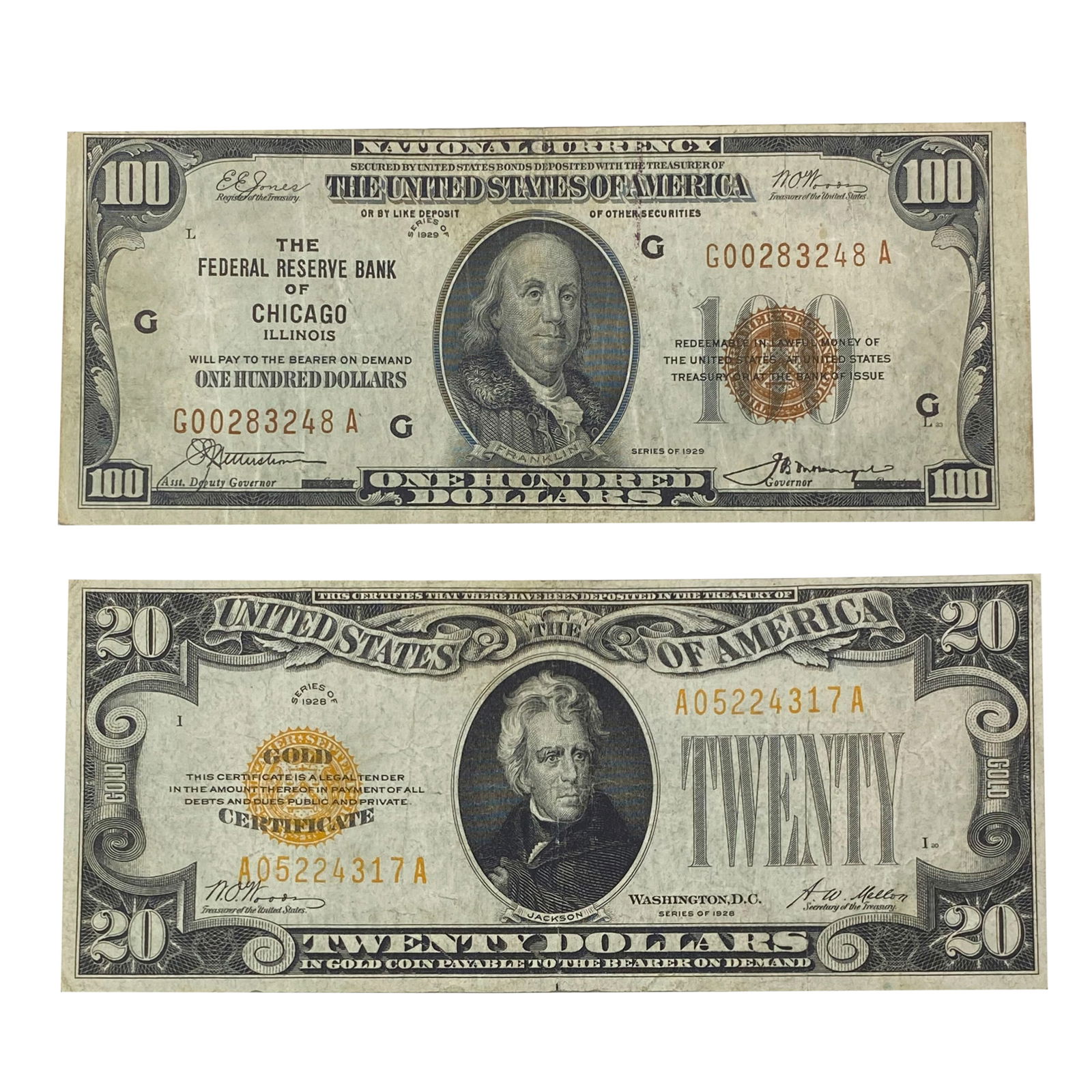 1928-1929 US $20 Gold Certificate and US $100 Nat'l Note Chicago IL [2 Notes] (1 of 2)