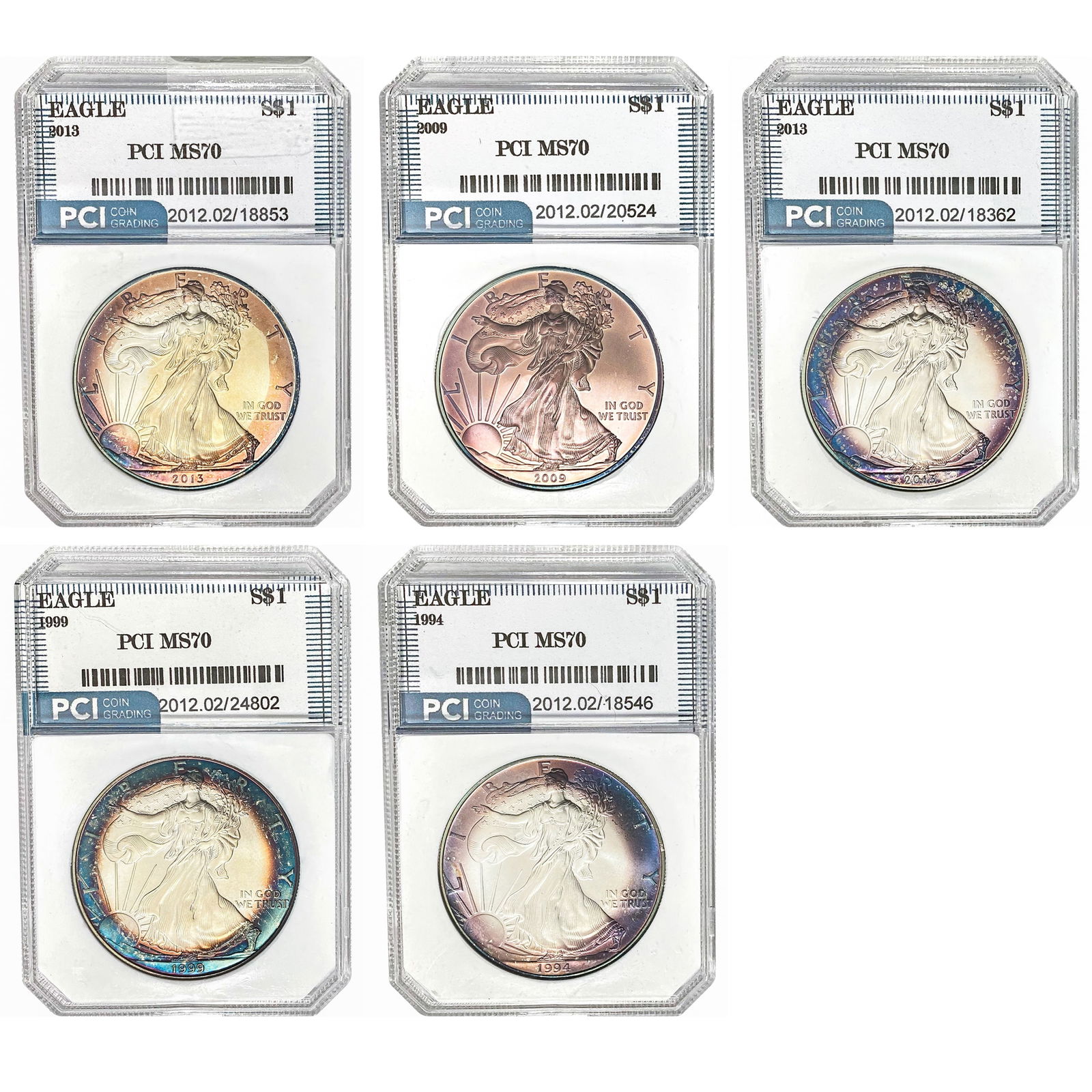 1994-2013 [5] $1 Silver Eagles PCI MS70 (1 of 11)