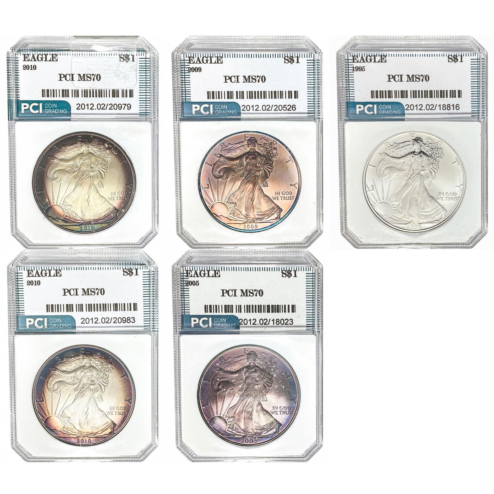 1995-2010 [5] $1 Silver Eagles PCI MS70 (1 of 11)