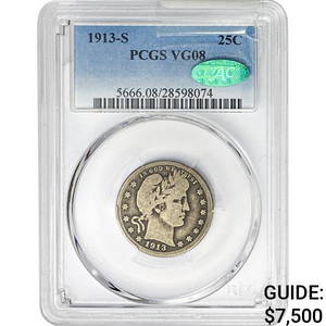 1913-S CAC Barber Quarter PCGS VG08
