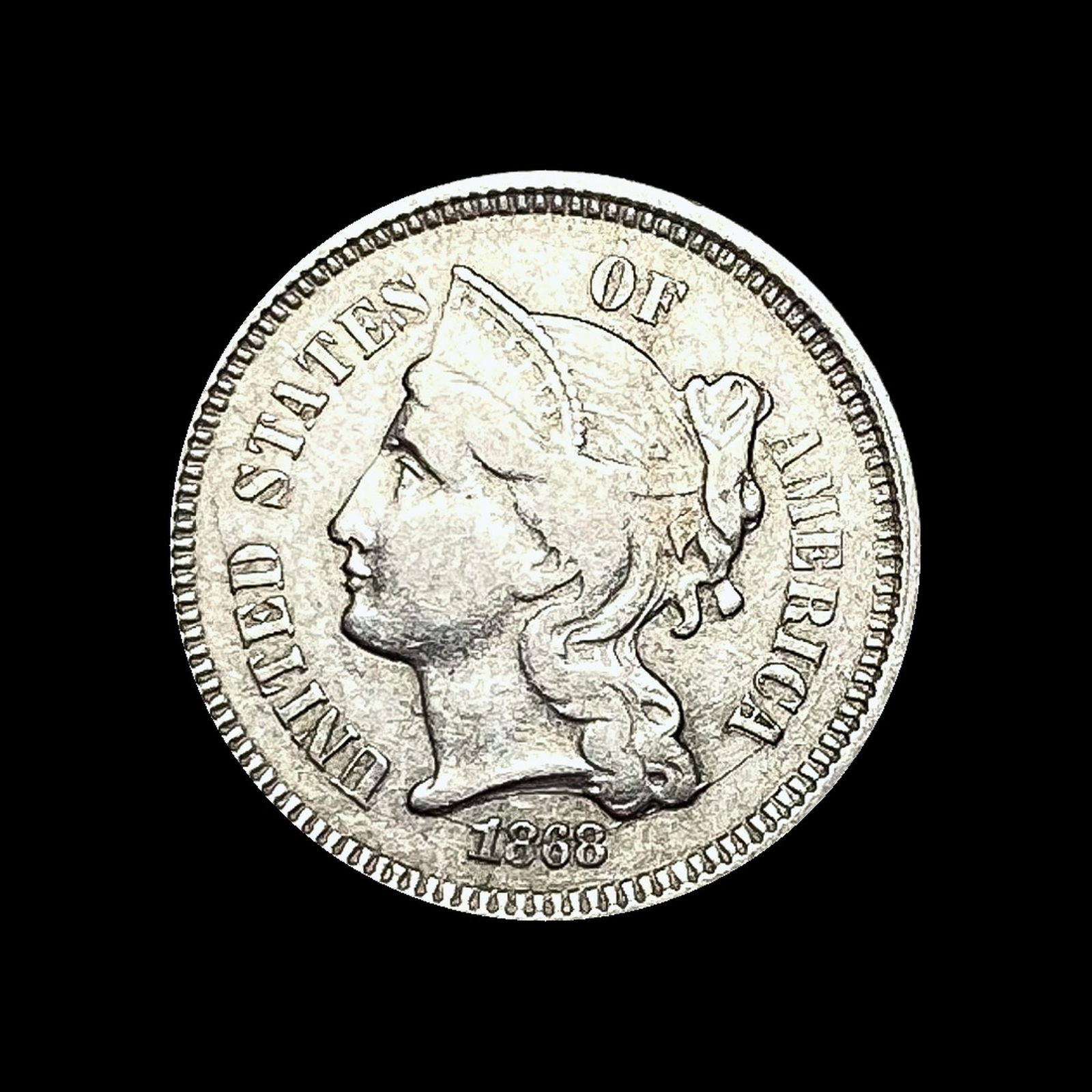 CLOSELY UNCIRCULATED 1868 Nickel Three-Cent Piece (1 of 2)