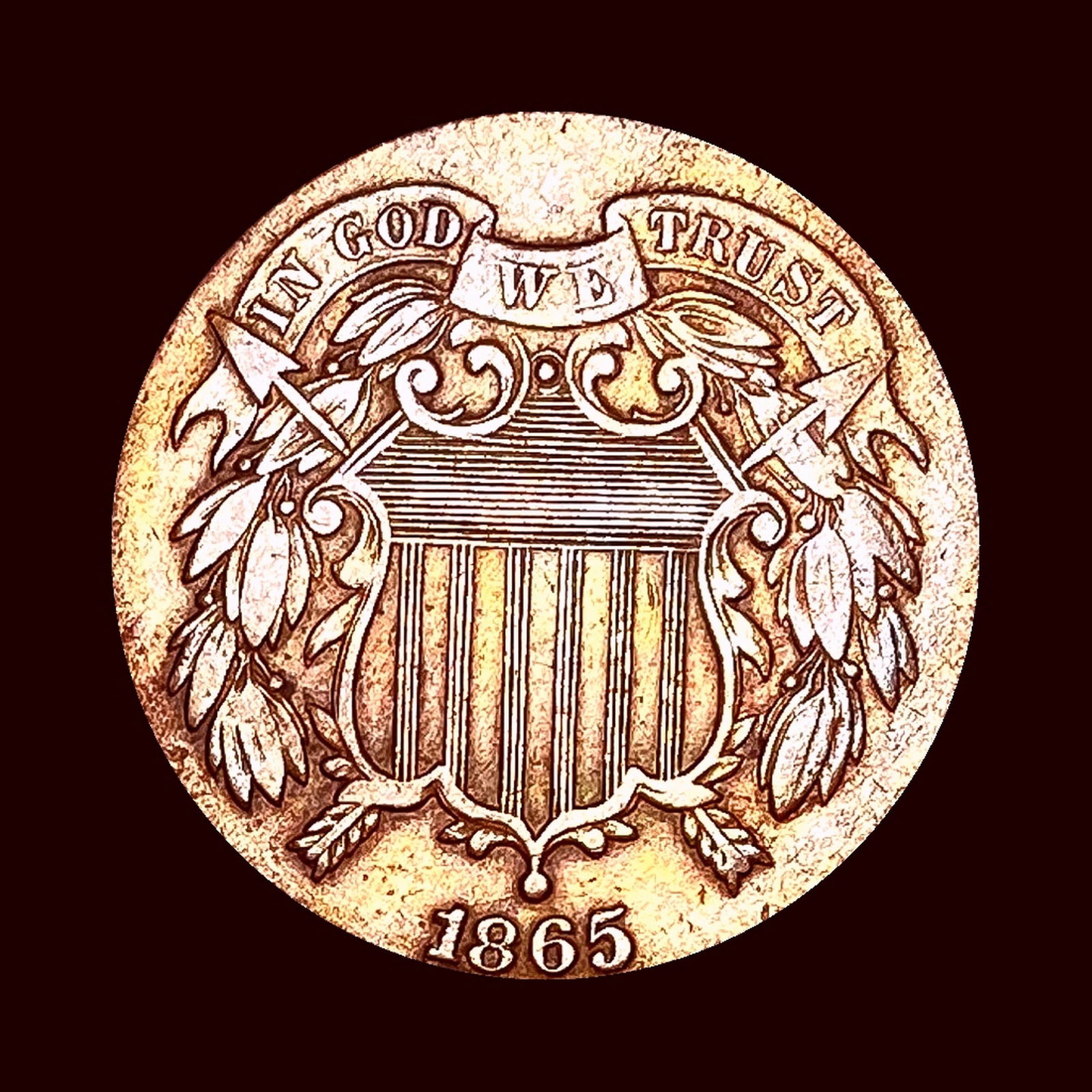 CHOICE AU 1865 Copper Two-Cent Piece (1 of 2)