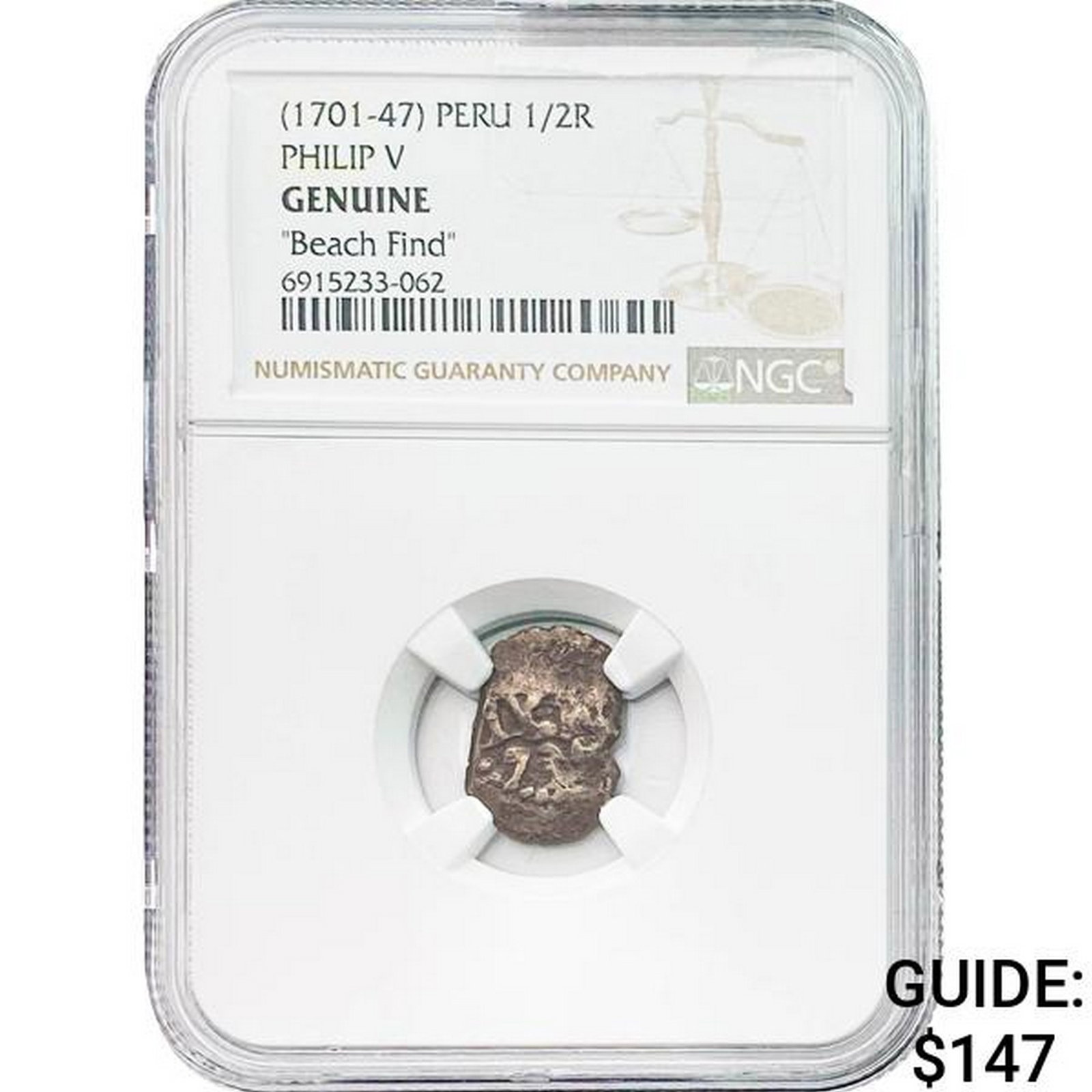 [1701-47] Peru 1/2 Real-Philip V "Beach Find" NGC: [1701-47] Peru 1/2 Real-Philip V "Beach Find" NGC