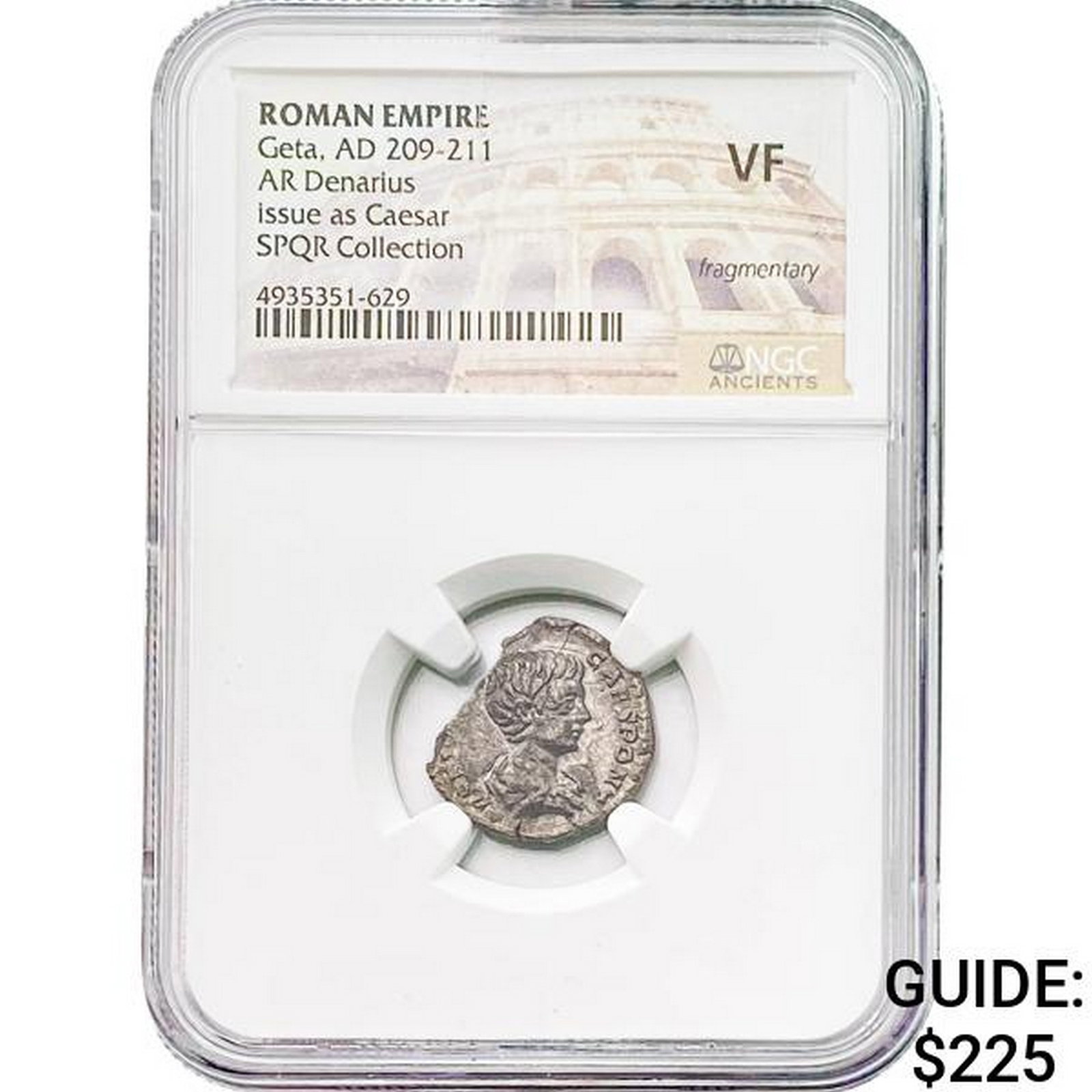 Roman Geta, AD 209-211 Silver Denarius NGC VF: Roman Geta, AD 209-211 Silver Denarius NGC VF