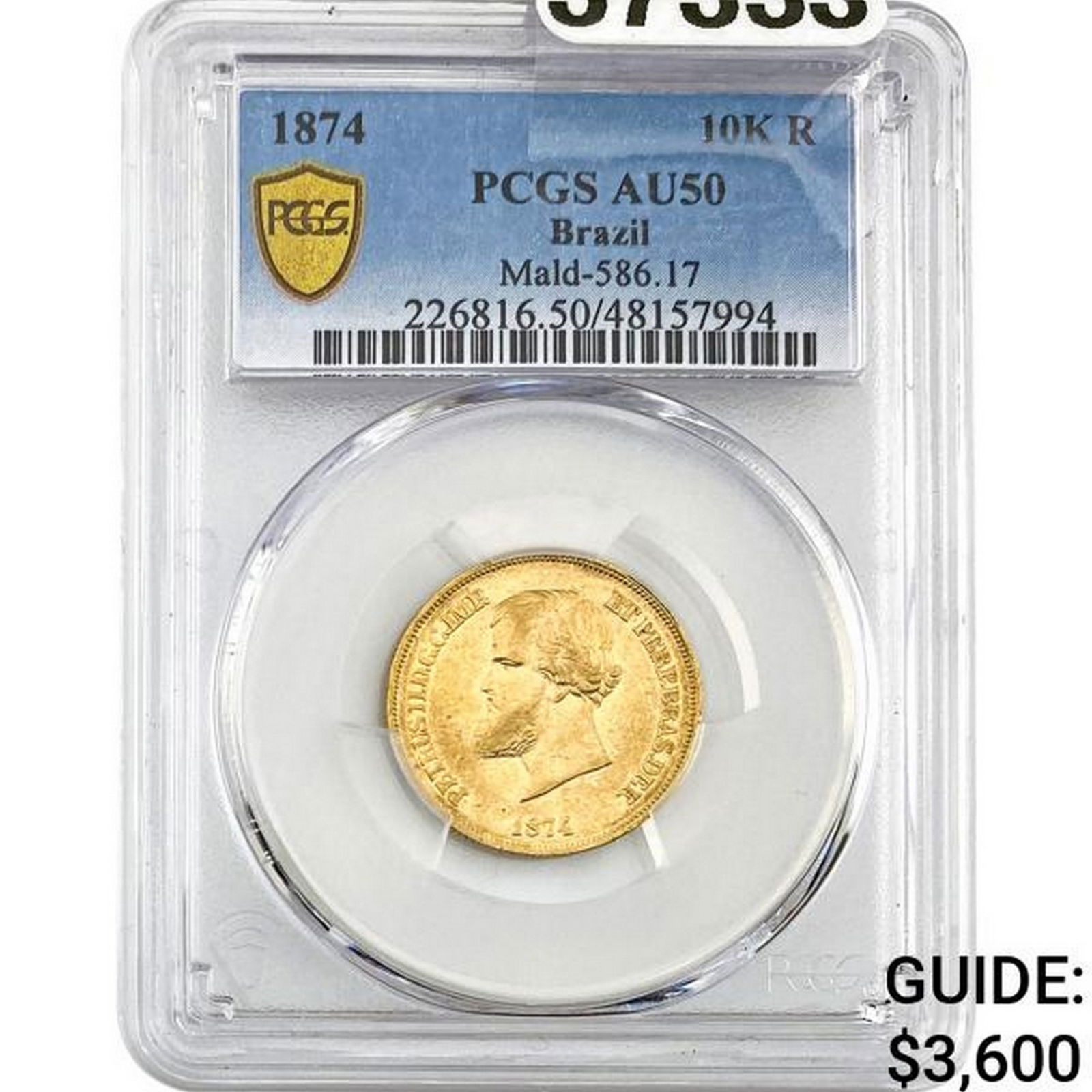 1874 Brazil 10K Gold AGW.2643oz Reis PCGS AU50 (1 of 2)