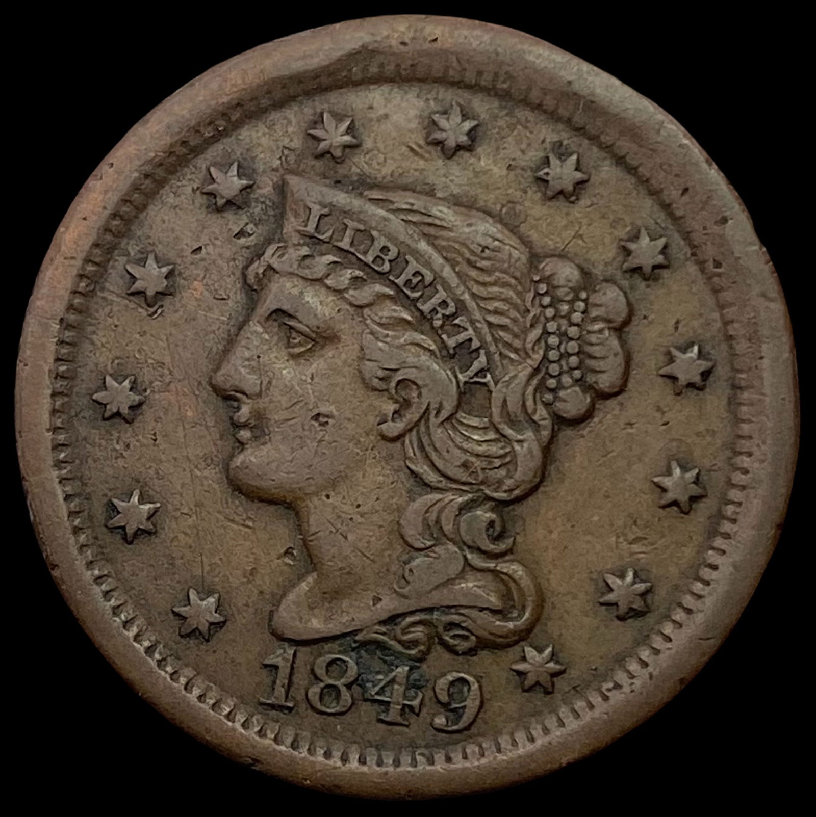 1849 Braided Hair Large Cent LIGHTLY CIRCULATED (1 of 2)