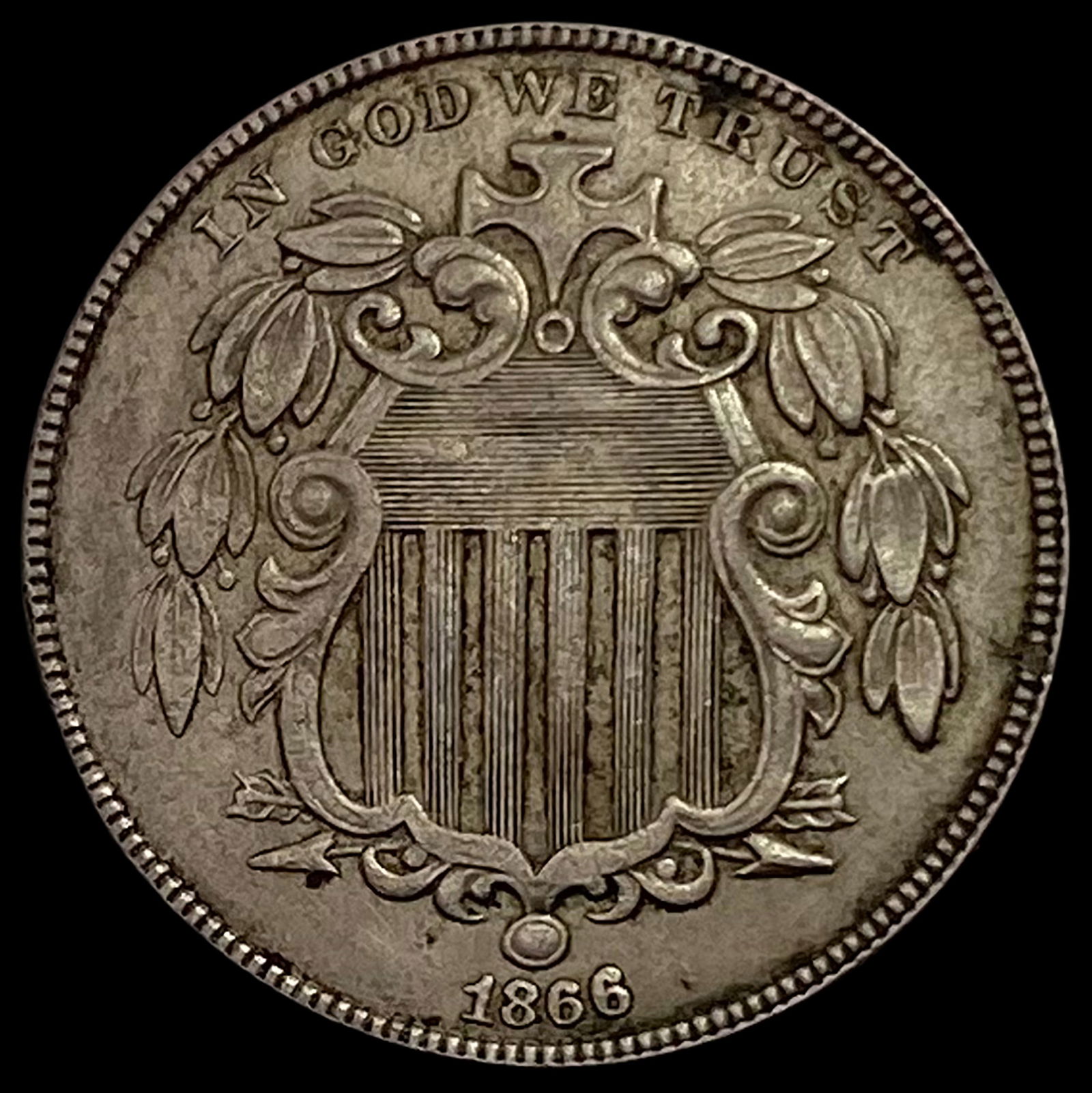 1866 Shield Nickel NEARLY UNCIRCULATED (1 of 2)