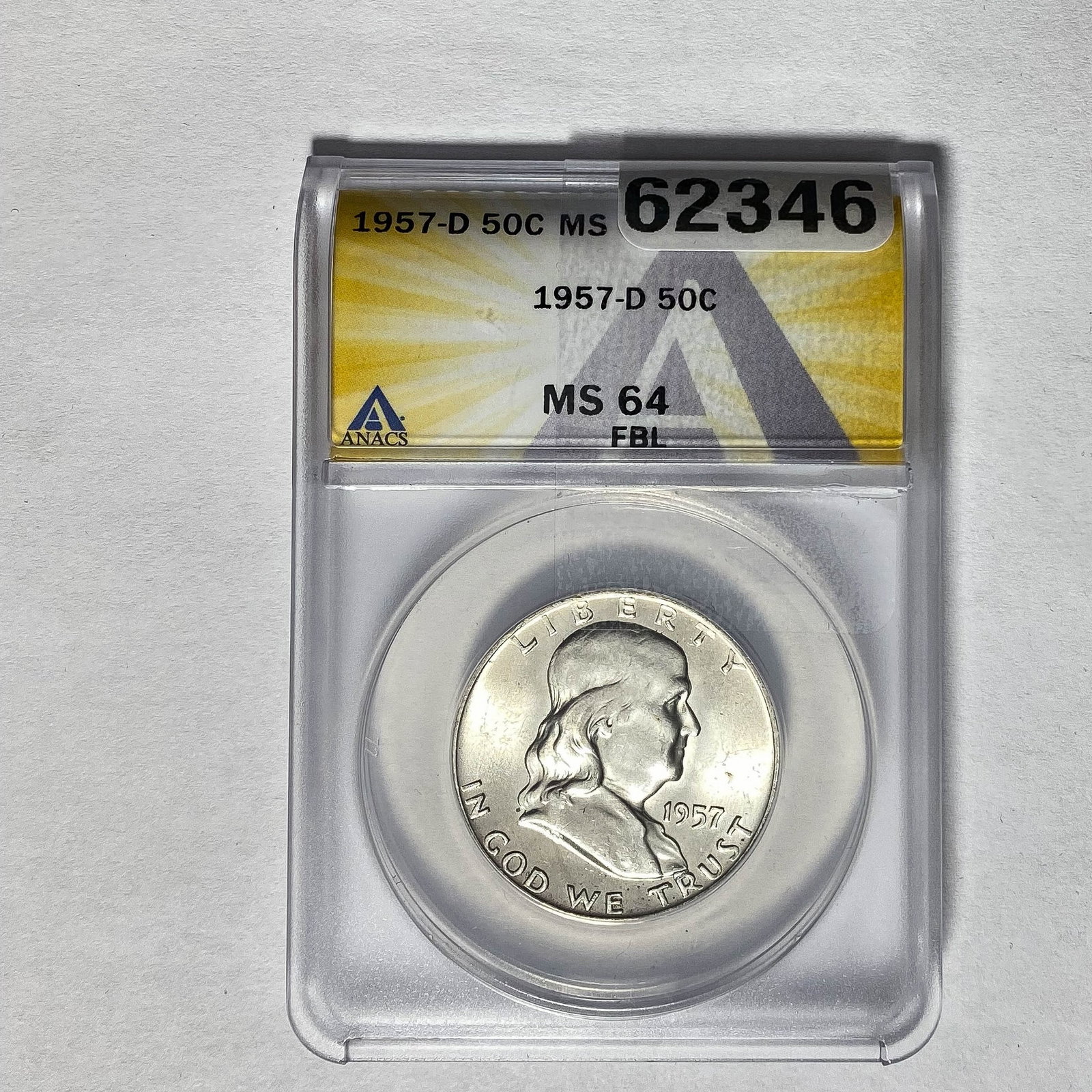 1957-D Franklin Half Dollar ANACS MS64 FBL: 1957-D Franklin Half Dollar ANACS MS64 FBL