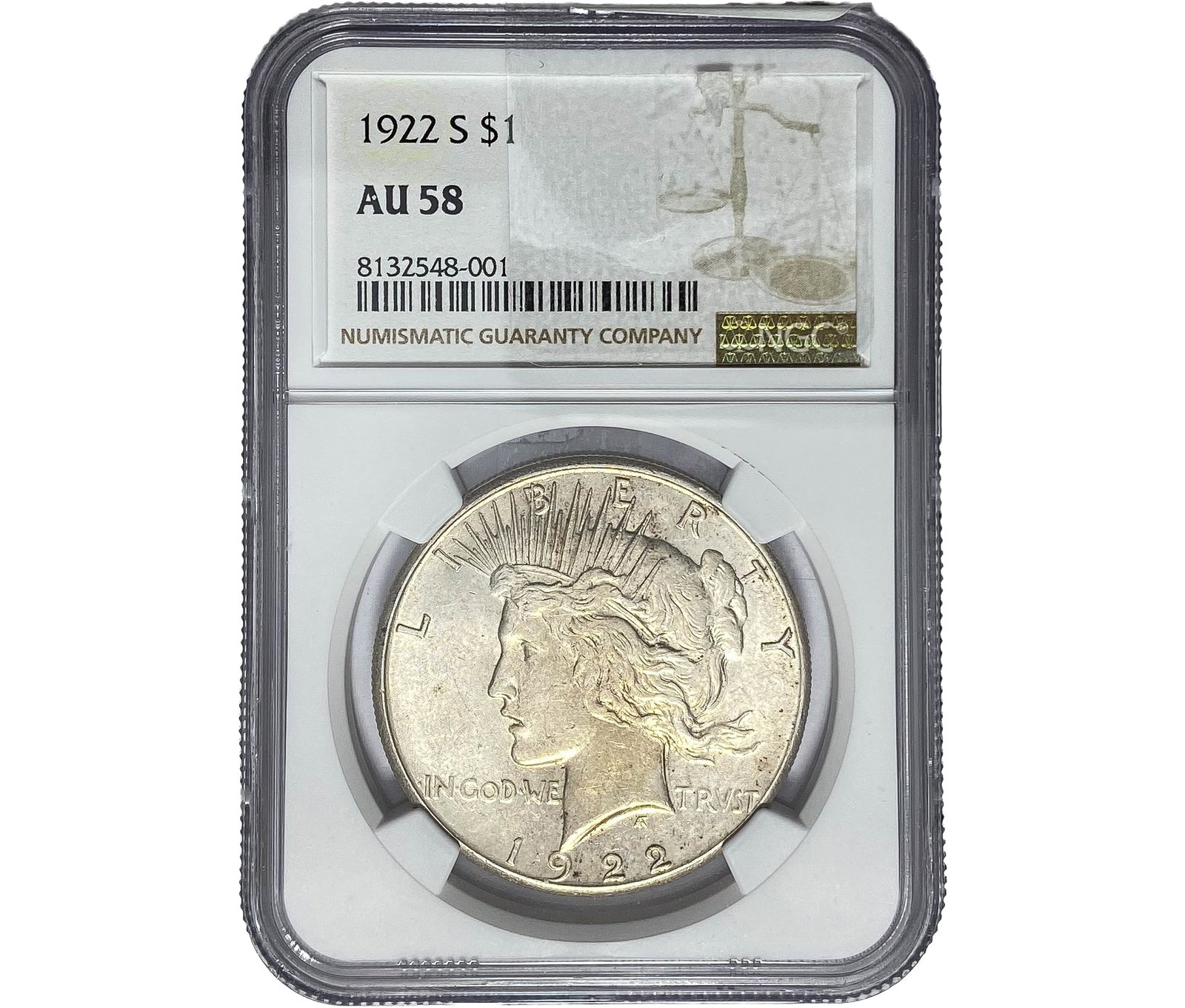 1922-S Silver Peace Dollar NGC AU58: 1922-S Silver Peace Dollar NGC AU58