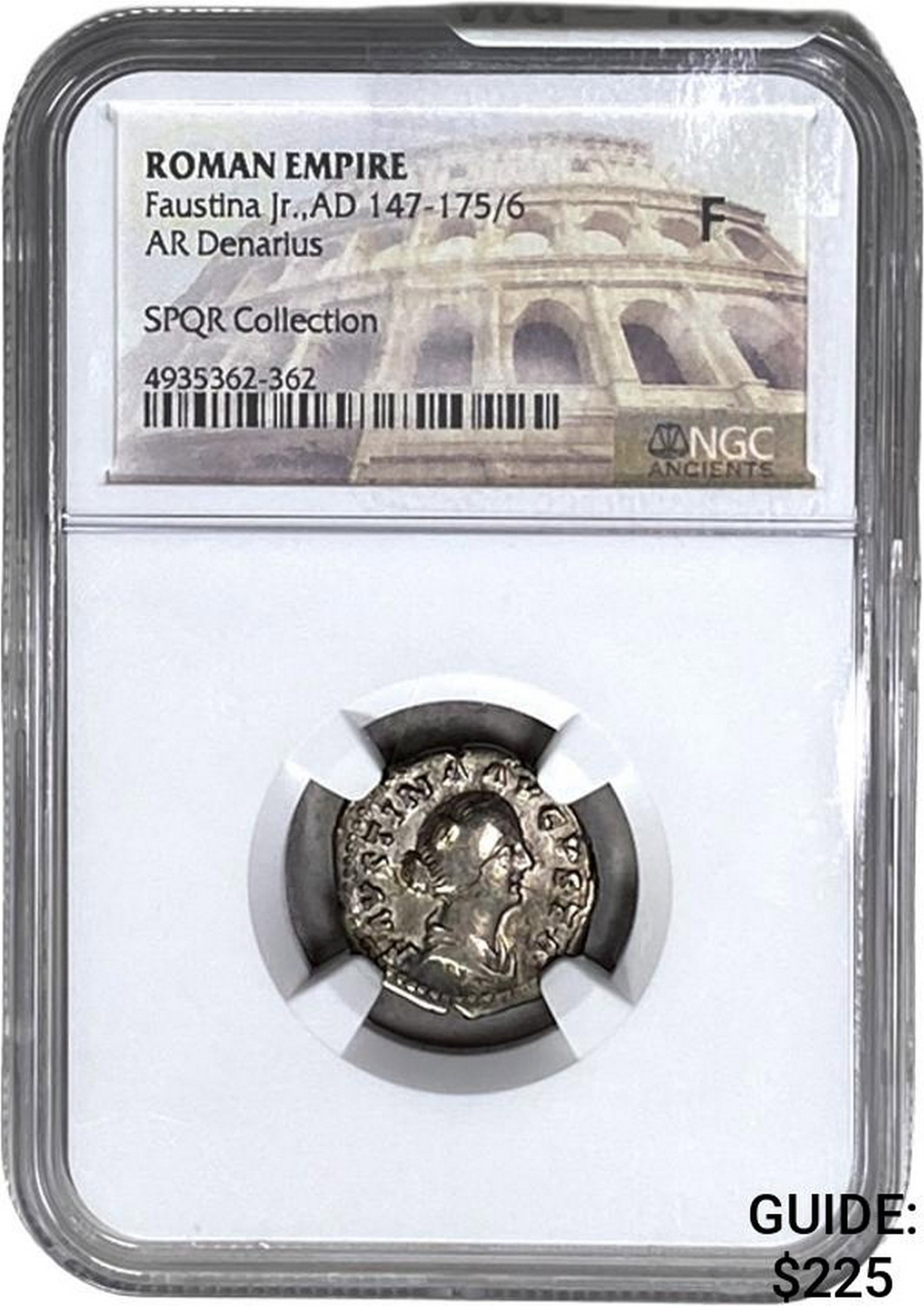 Roman Faustina Jr., AD 147-175/6 Silver Denarius NGC F: Roman Faustina Jr., AD 147-175/6 Silver Denarius NGC F