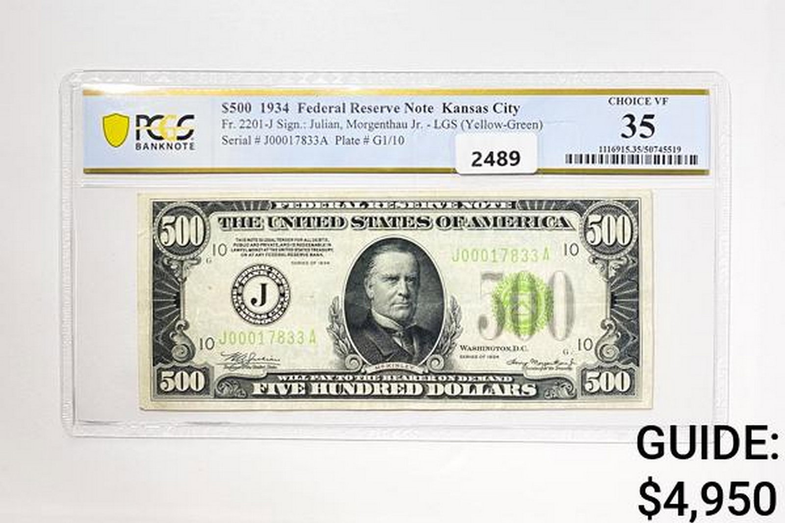 1934 $500 Fed. Res. Note-Kansas City,MO PCGS 35 VF: 1934 $500 Fed. Res. Note-Kansas City,MO PCGS 35 VF