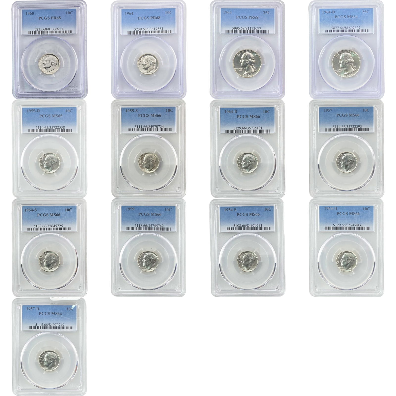 1954-1964 [13 Coins] Silver Dimes/Quarters PCGS MS/PR64-68 (1 of 2)