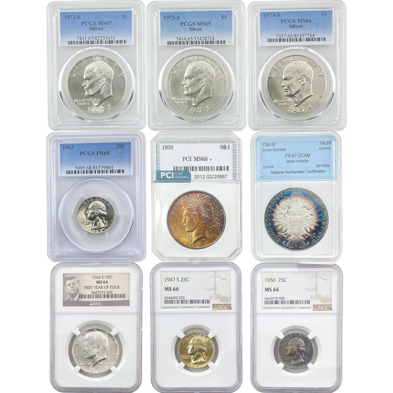 1923-1974 [9 Coins] $.25-$1 PCGS/NGC MS/PR64-68 (1 of 2)