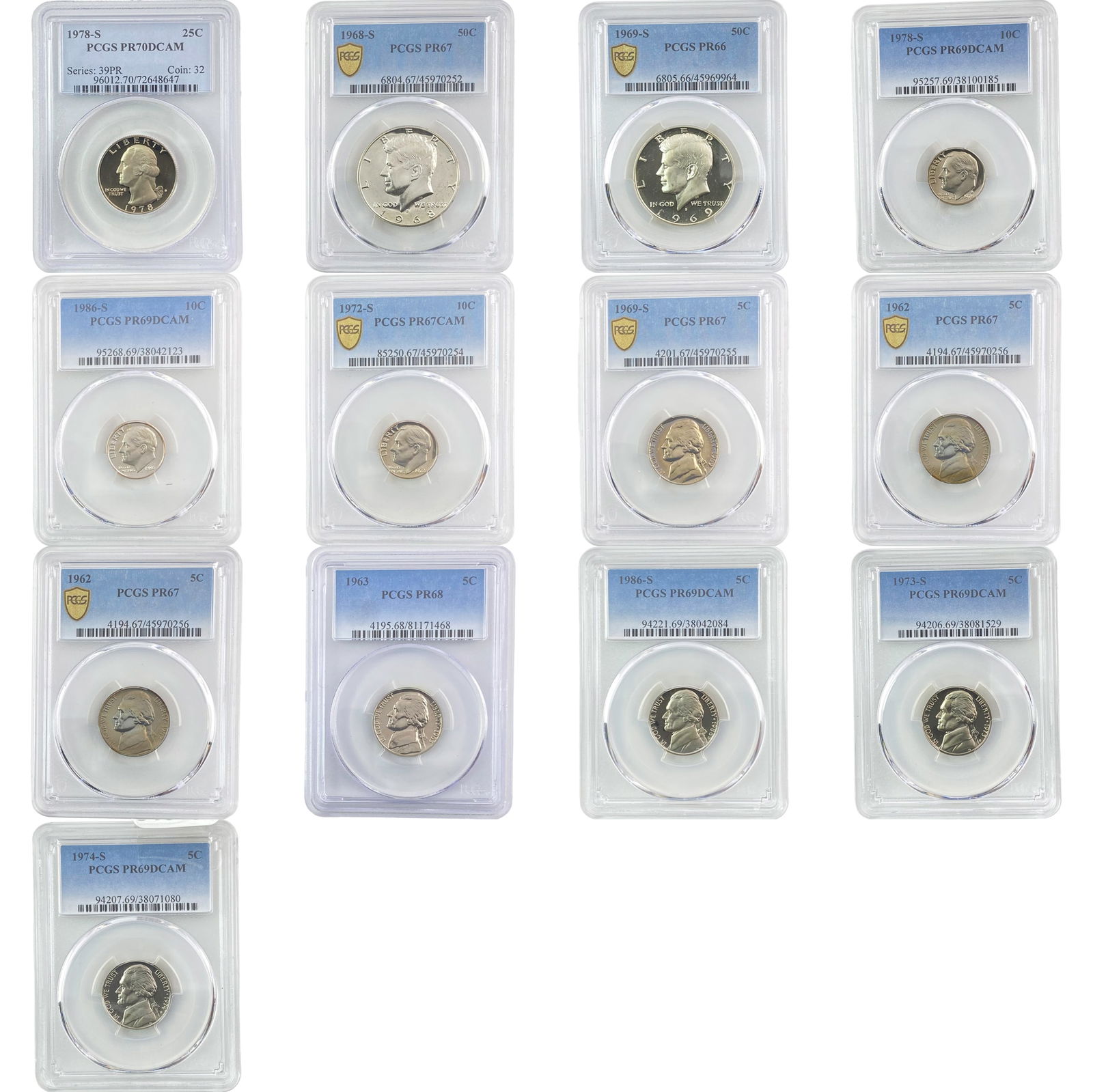 1962-1986[12 Coins] 5c,10c, 25c, 50c PCGS PF66-70 (1 of 2)
