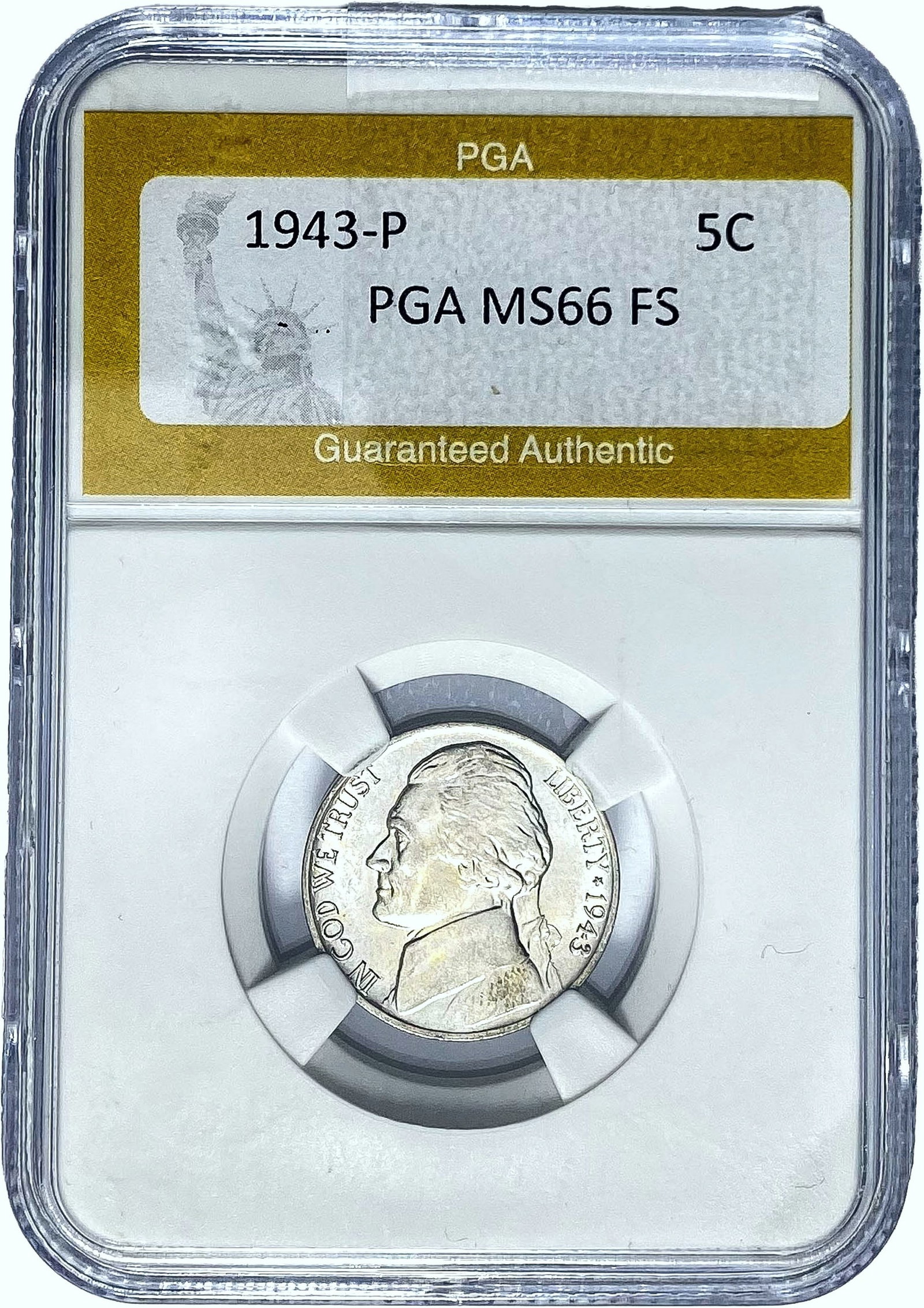 1943-P Jefferson Nickel PGA MS66 FS: 1943-P Jefferson Nickel PGA MS66 FS