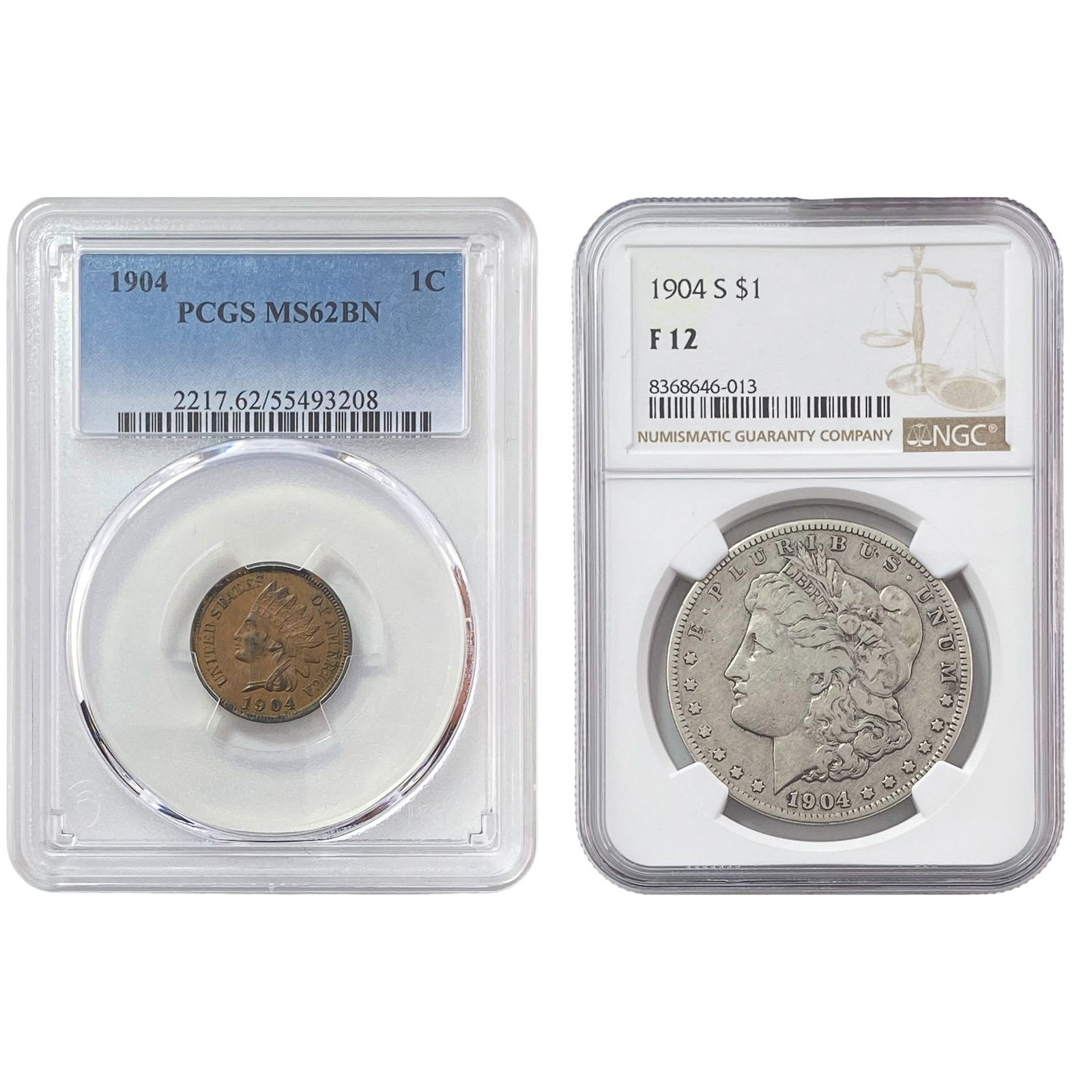 1904, 1904-S Morgan SIlver Dollar and Indian Cent Lot [2 Coins] PCGS/NGC F/MS12/62 (1 of 2)