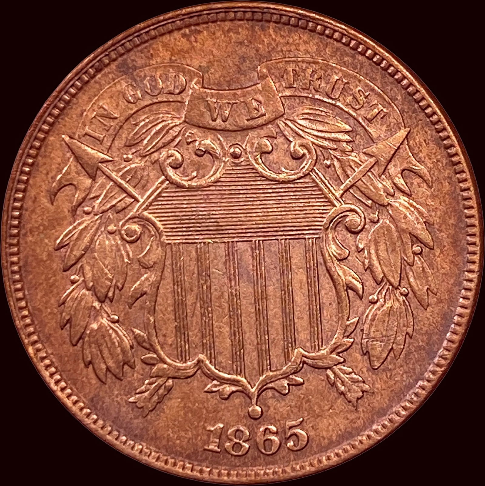 1865 Copper 2 Cent Piece Red CLOSELY UNCIRCULATED (1 of 2)