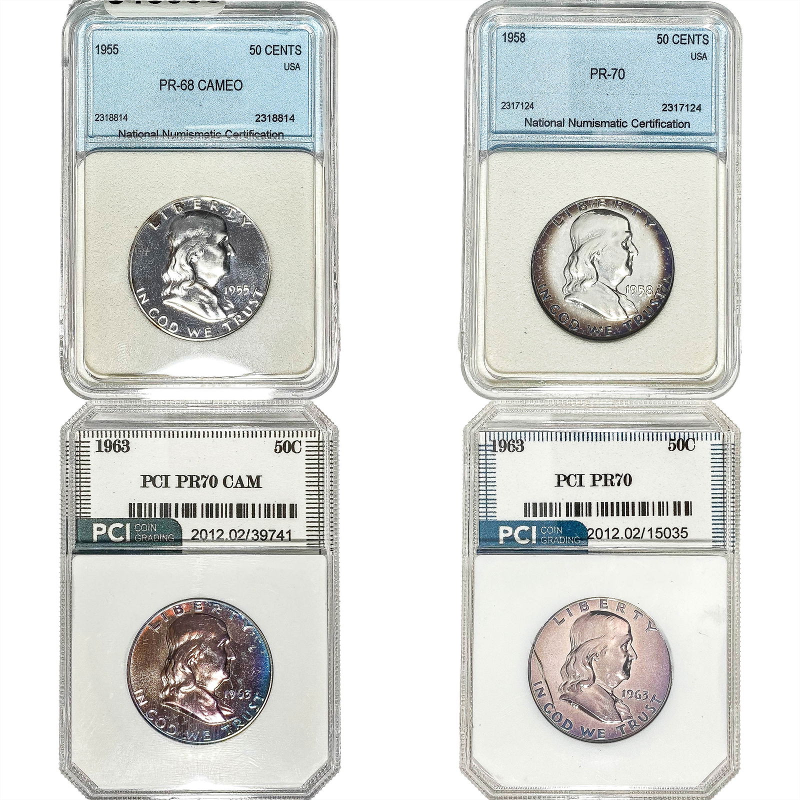 1955-1963 GEM PROOF Franklin Half Dollar[4 Coins] NNC/PCI PF68-70 (1 of 9)