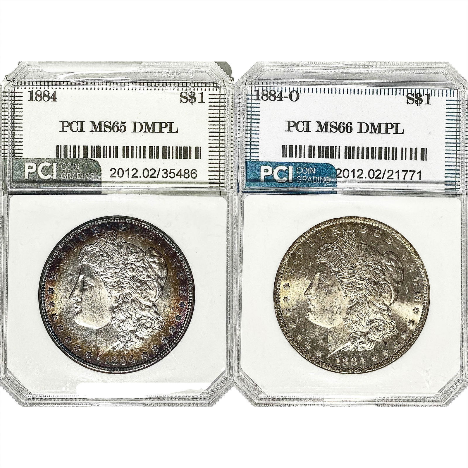 1884,1884-O GEM BU Morgan Silver Dollar[2 Coins] PCI MS65/66 DMPL/PL (1 of 5)