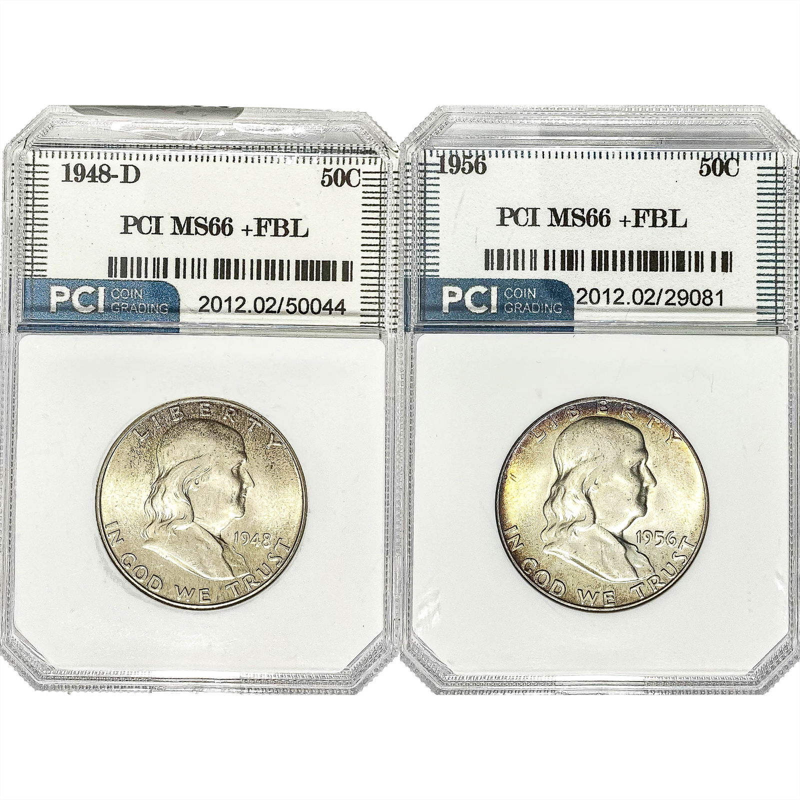 1948-D, 1956 GEM BU Franklin Half Dollar[2 Coins] PCI MS66+ FBL (1 of 5)
