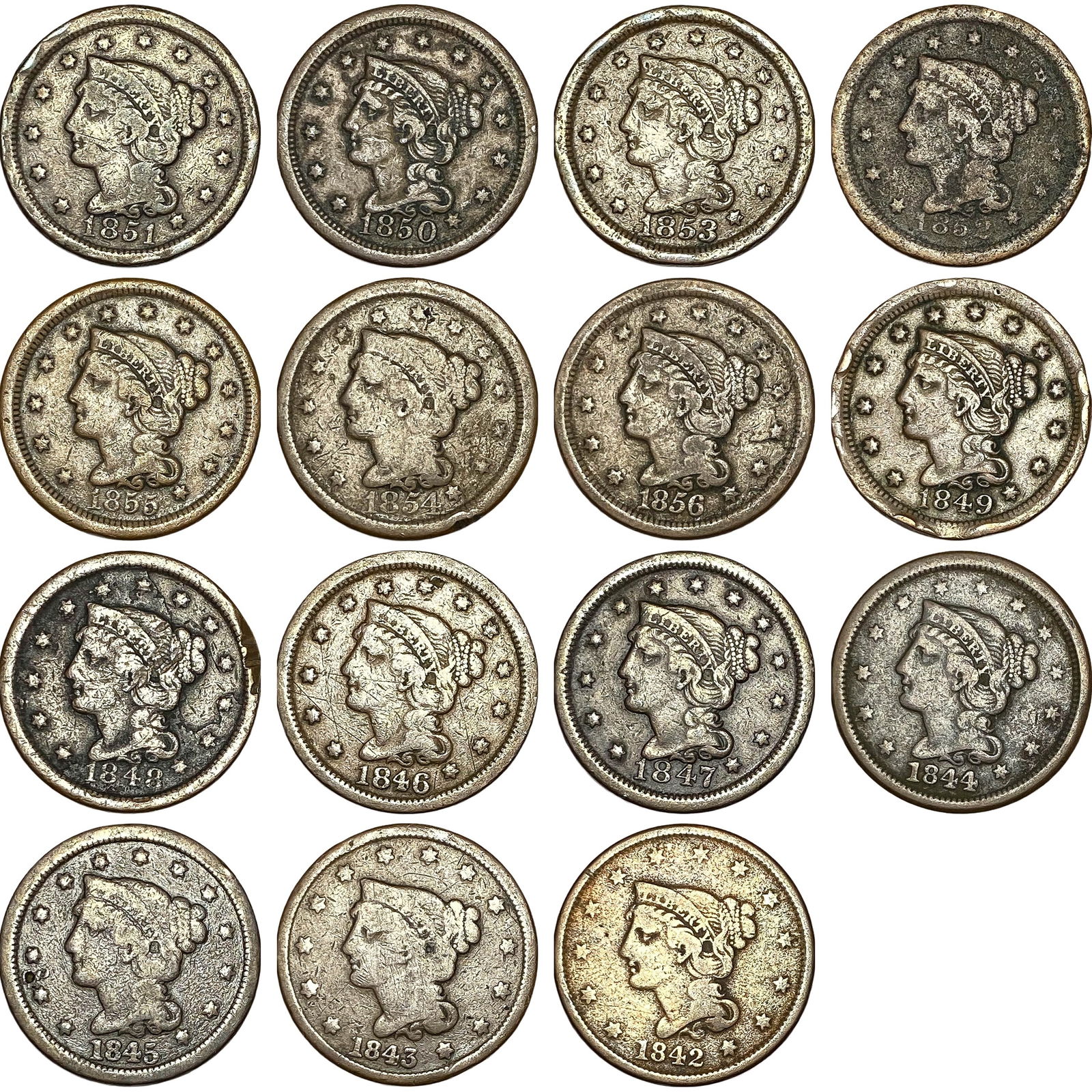 1842-1856 Braided Hair Large Cent Lot [15 Coins] HIGH GRADE (1 of 2)