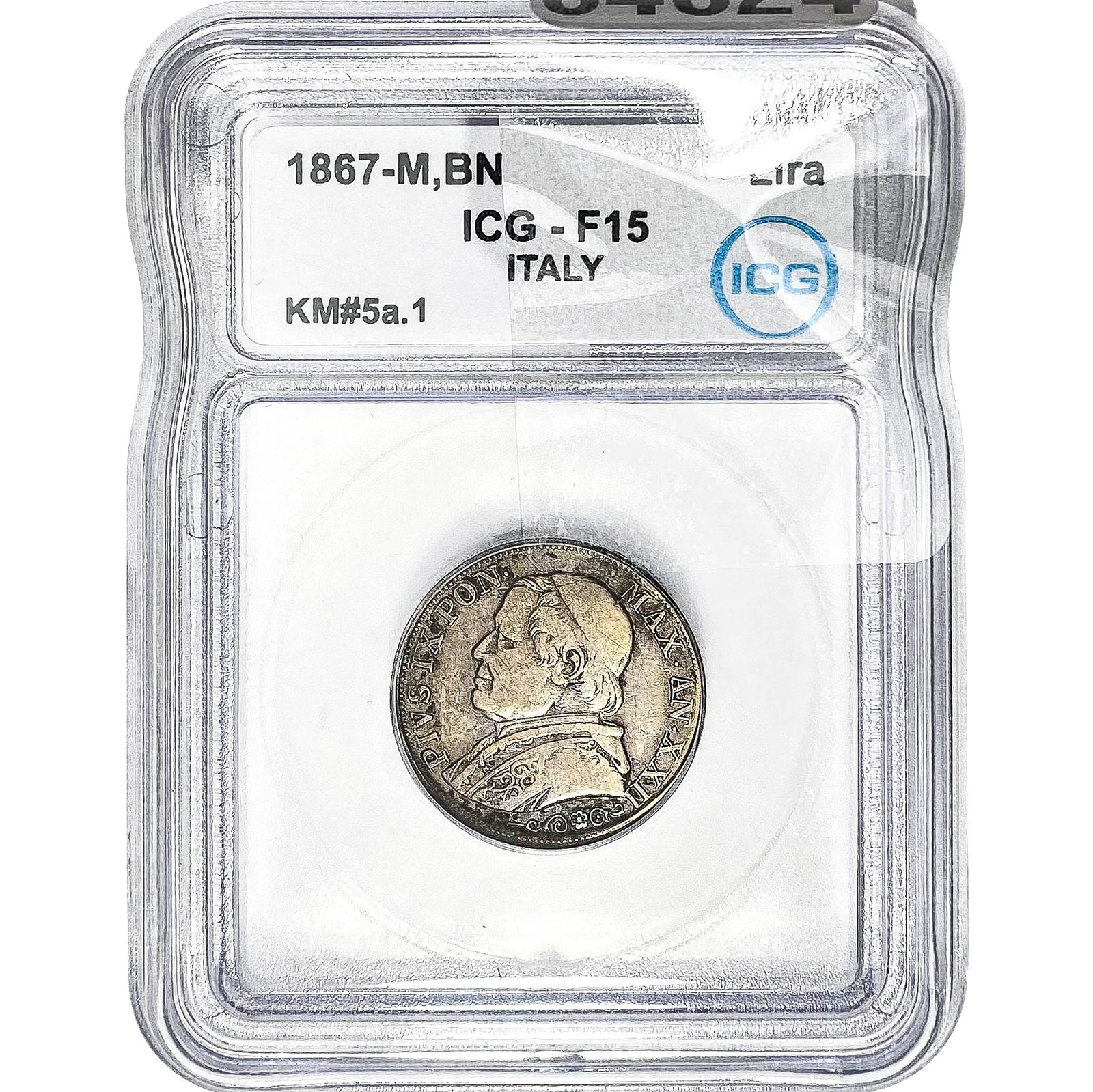1867-M Italian Pius IX Silver 1 Lira ICG F15 BN: 1867-M Italian Pius IX Silver 1 Lira ICG F15 BN