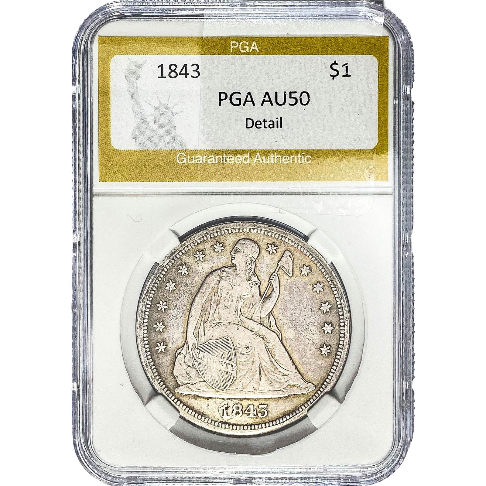 1843 Silver Liberty Seated Dollar PGA AU50 Detail (1 of 2)
