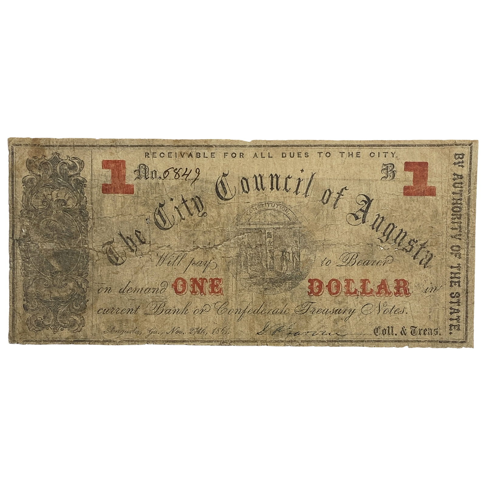 1866 $1 Bank of Confederate Treasury Note (1 of 2)