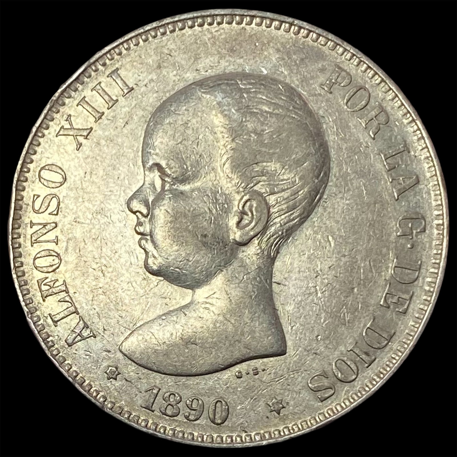 1890 Spain Alfonso XIII Silver 5 Plesetas CLOSELY UNCIRCULATED: 1890 Spain Alfonso XIII Silver 5 Plesetas CLOSELY UNCIRCULATED