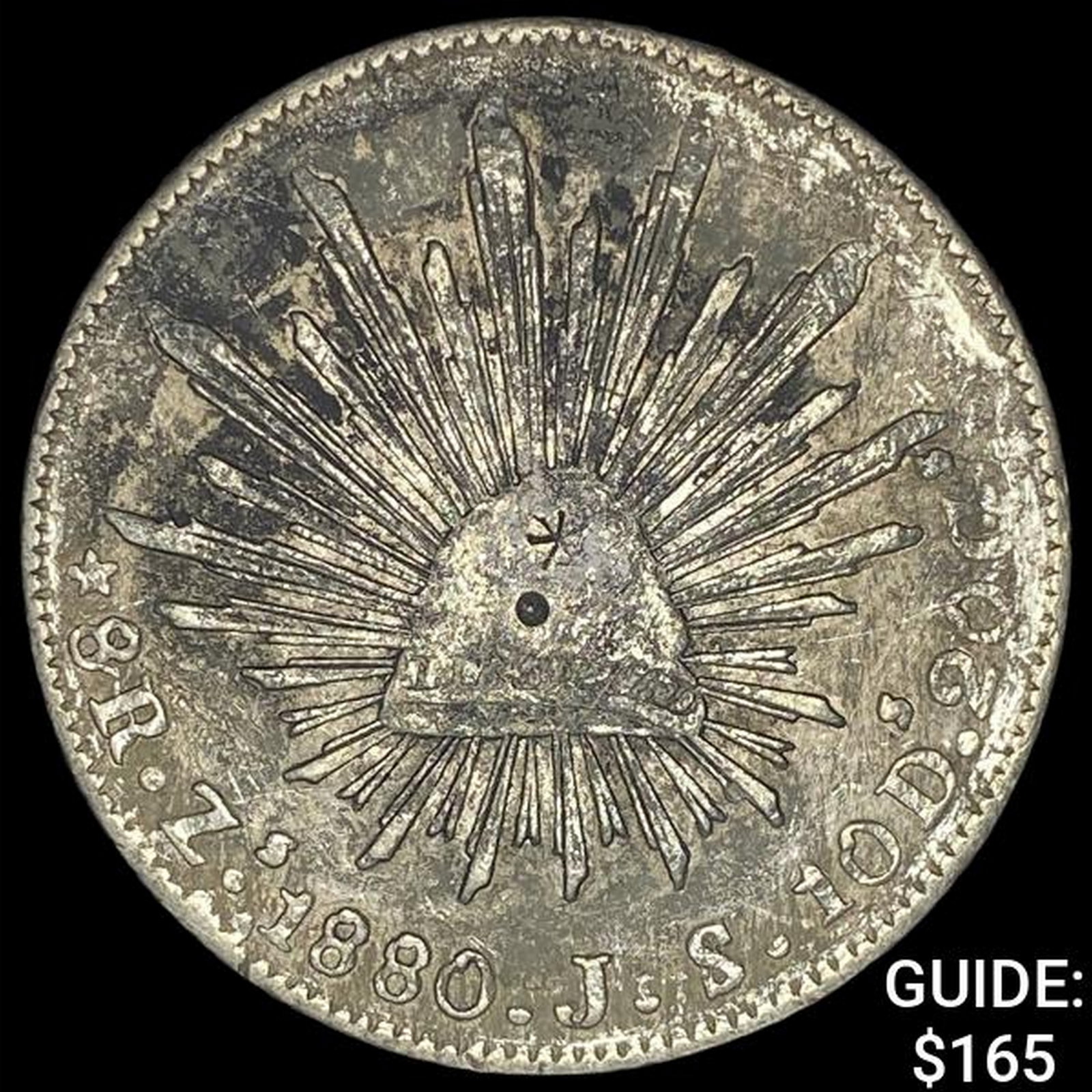 1880Zs JS Mexico Silver 8 Reales Chopmarked NEARLY UNCIRCULATED: 1880Zs JS Mexico Silver 8 Reales Chopmarked NEARLY UNCIRCULATED