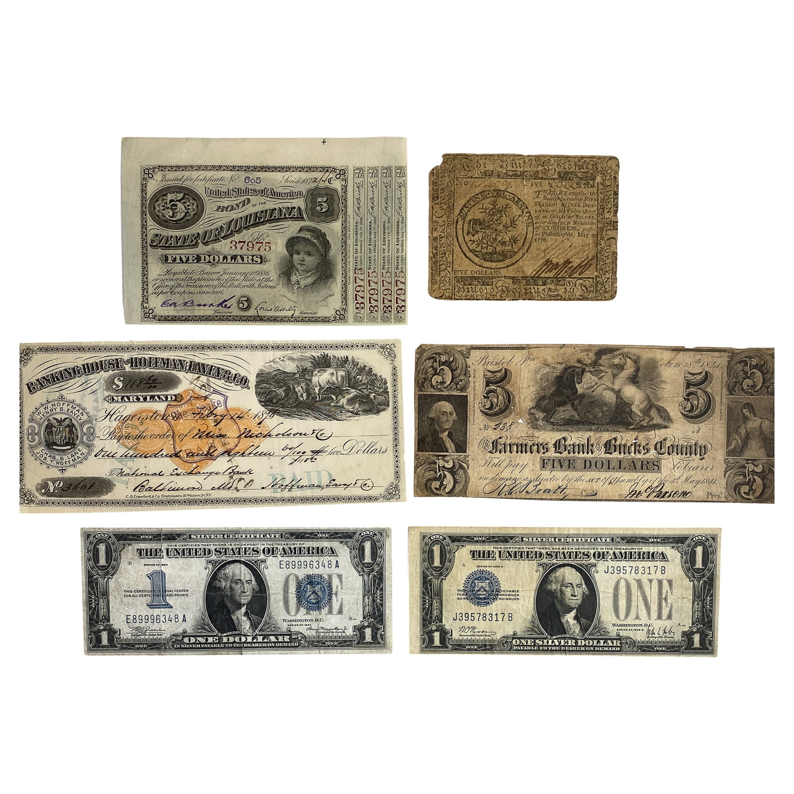 1776-1934 Varied US and Coloniel Currency Lot [6 Notes]: 1776-1934 Varied US and Coloniel Currency Lot [6 Notes]