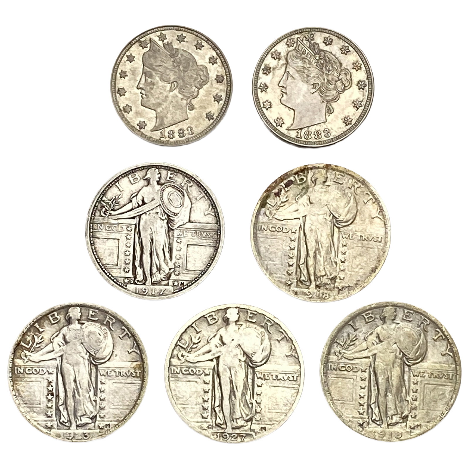 1883-1927 US V Nickel and Standing Liberty Quarter Lot [7 Coins]: 1883-1927 US V Nickel and Standing Liberty Quarter Lot [7 Coins]