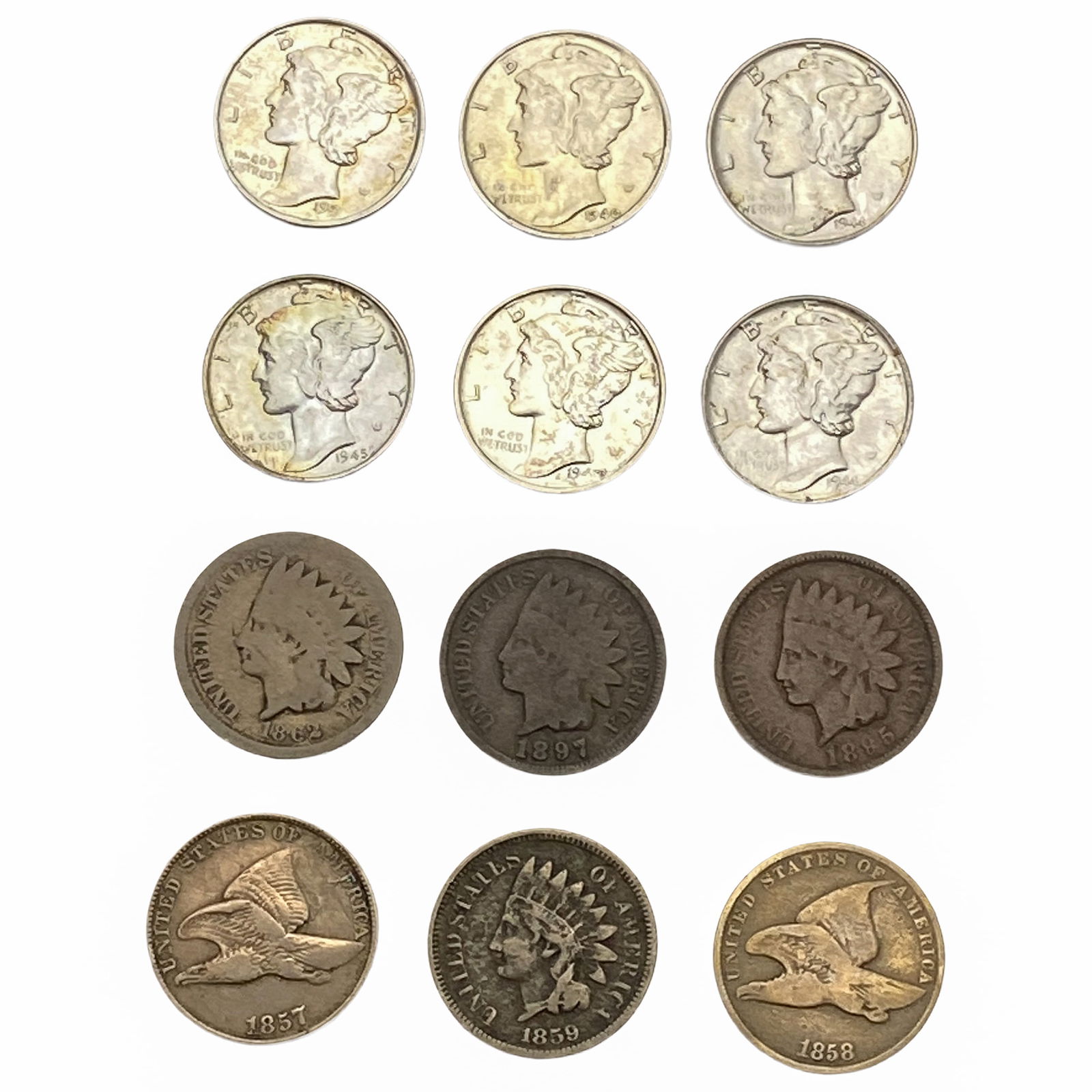1857-1945 High Grade US One Cent & Merc Dime [12 Coins]: 1857-1945 High Grade US One Cent & Merc Dime [12 Coins]