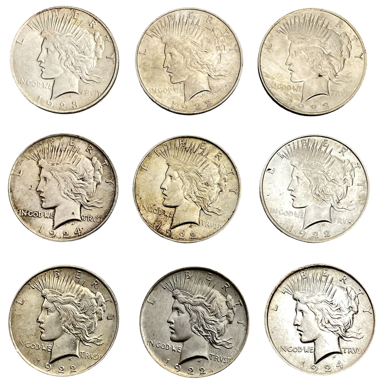 1922-1924 High Grade US Silver Peace Dollar Lot [9 Coins]: 1922-1924 High Grade US Silver Peace Dollar Lot [9 Coins]