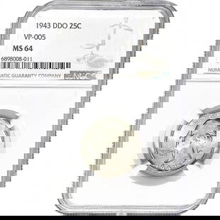 1943 DDO VP-005 Washington Silver Quarter NGC MS64: 1943 DDO VP-005 Washington Silver Quarter NGC MS64