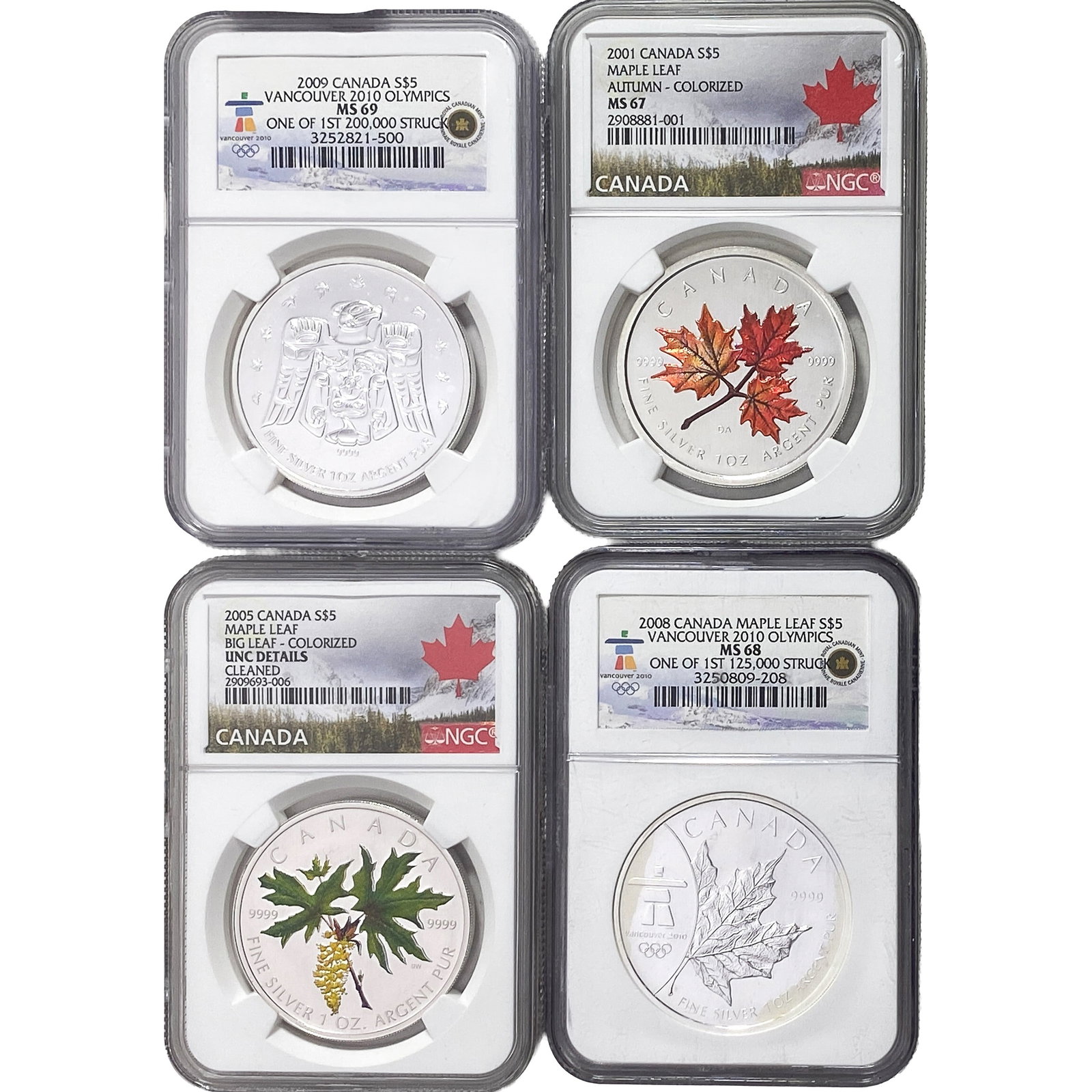 2001-2009 GEM BU Canadian Silver Maple Leaf Lot [4 Coins] NGC MS67-69: 2001-2009 GEM BU Canadian Silver Maple Leaf Lot [4 Coins] NGC MS67-69