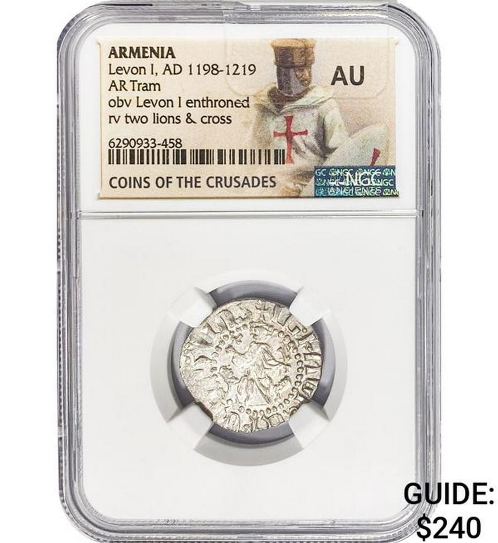 Armenia Levon I, AD 1198-1219 Silver Tram NGC AU: Armenia Levon I, AD 1198-1219 Silver Tram NGC AU