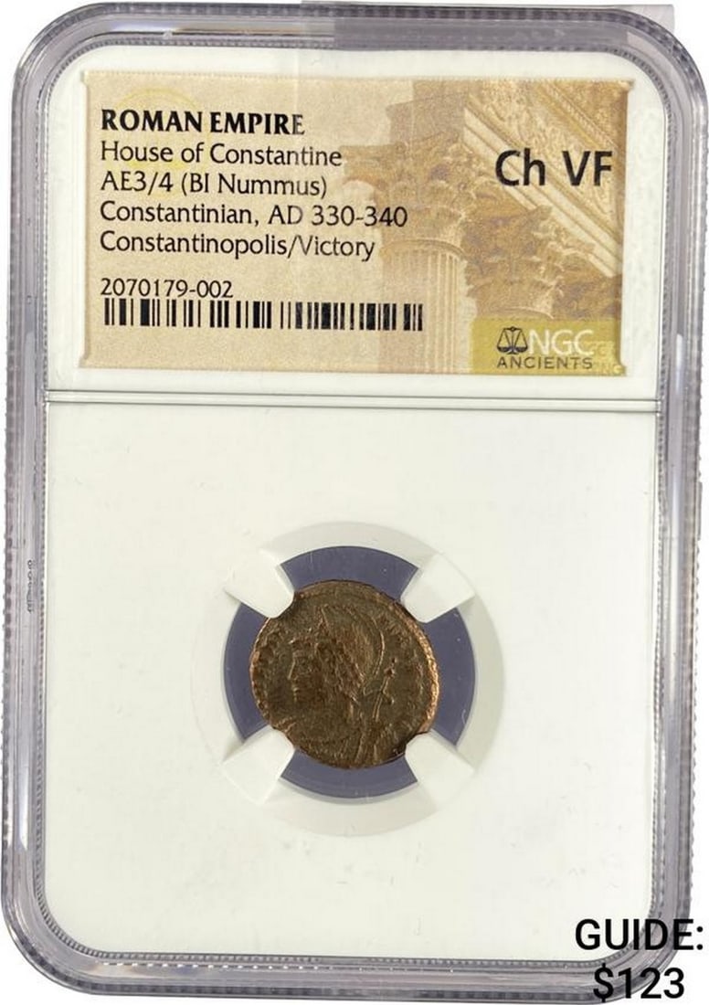 Roman Constantinian, AD 330-340 AE3/4 BI Nummus Ch VF: Roman Constantinian, AD 330-340 AE3/4 BI Nummus Ch VF
